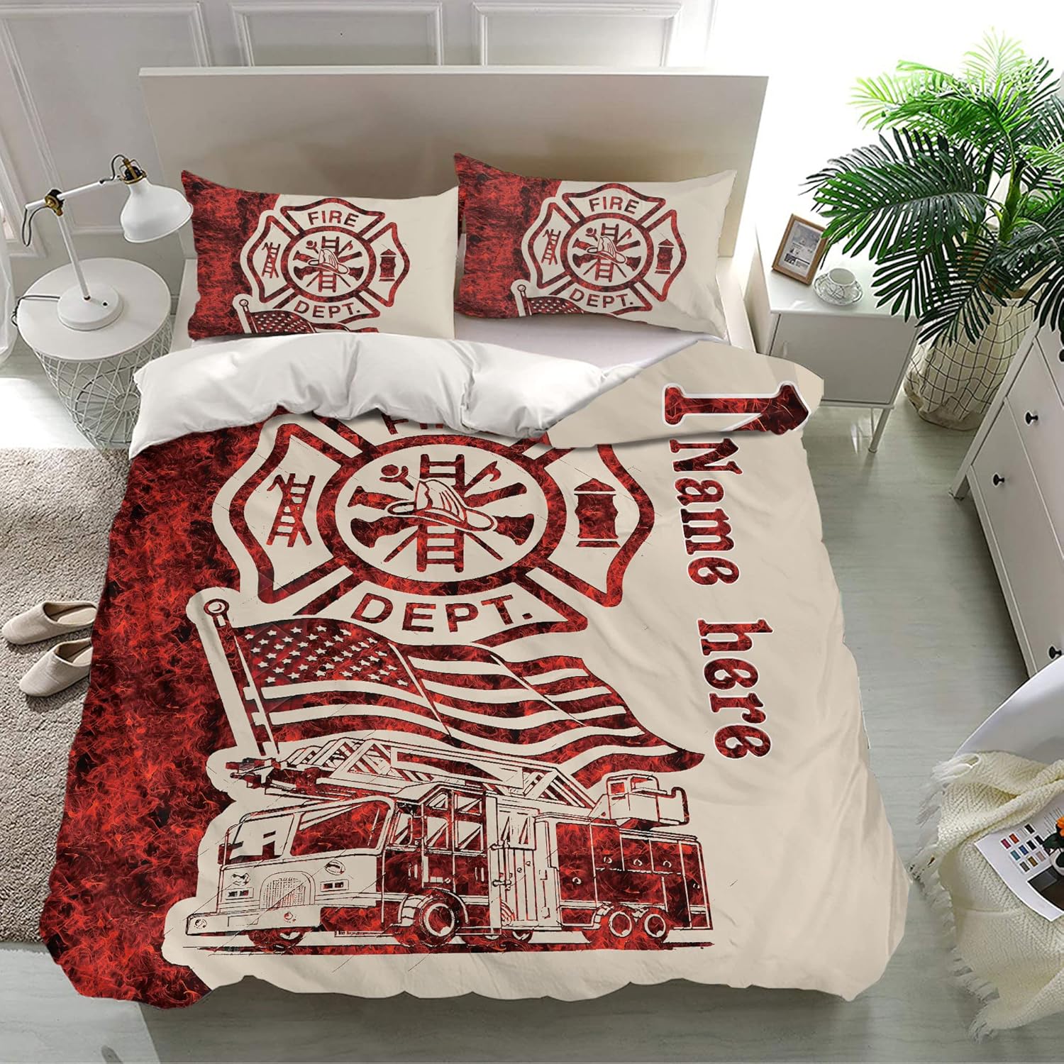 OhaPrints Personalized Firefighter Duvet Cover, Proud Firefighter Uniform Bedding Set & Pillowcases, Custom Name Soft Lightweight Twin Full Queen King Comforter Cover Bed Set Gift for Fireman