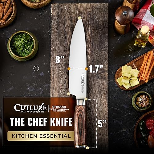 Miniatura 6 de Cutluxe Cuchillo de chef Cuchillo de cocina japonés ultra afilado de 8 pulgadas, hoja de acero inoxidable de alto carbono, mango de madera de Pakka