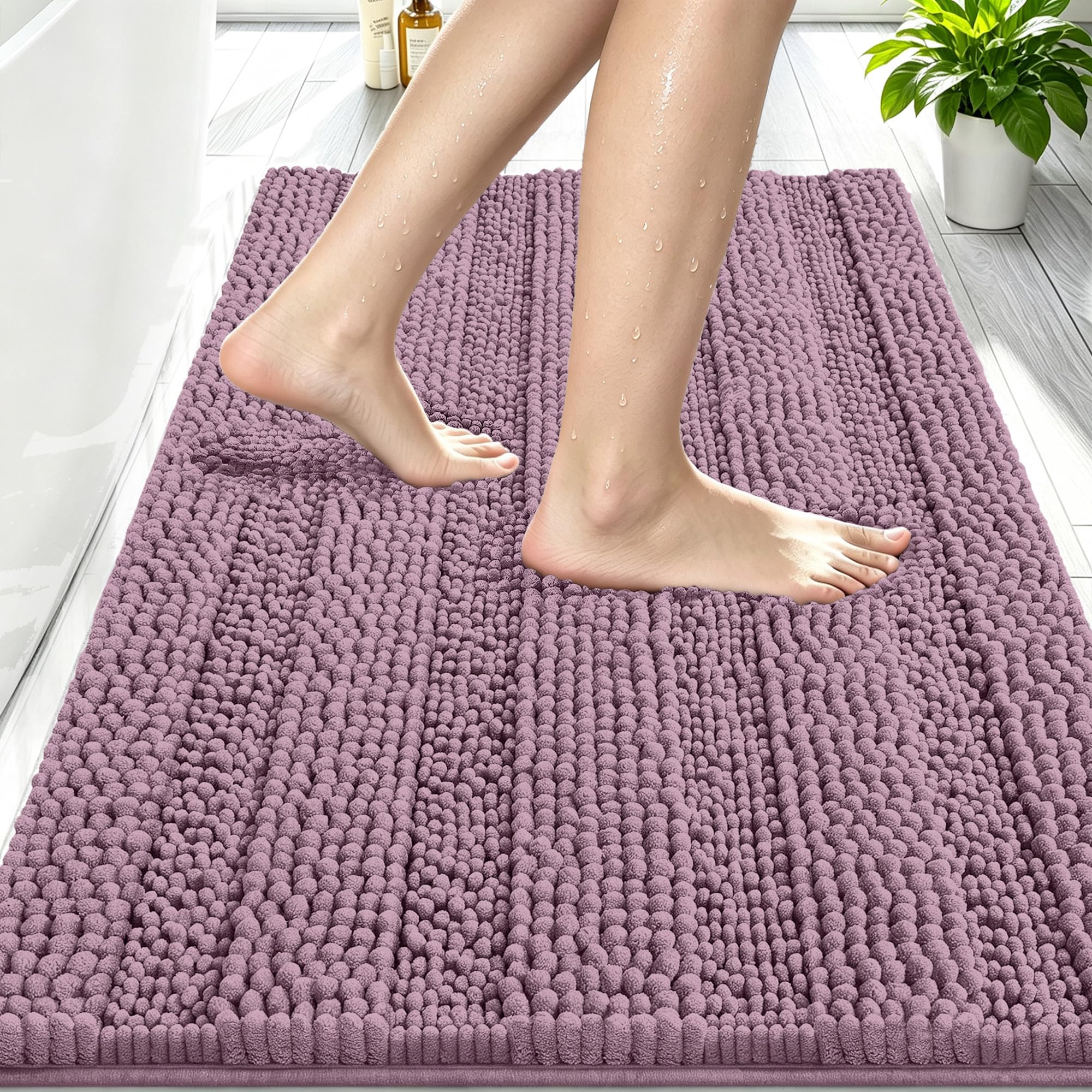 Smiry Thick Chenille Bathroom Rugs 30x20, Absorbent Bath Mat, Deep Plum