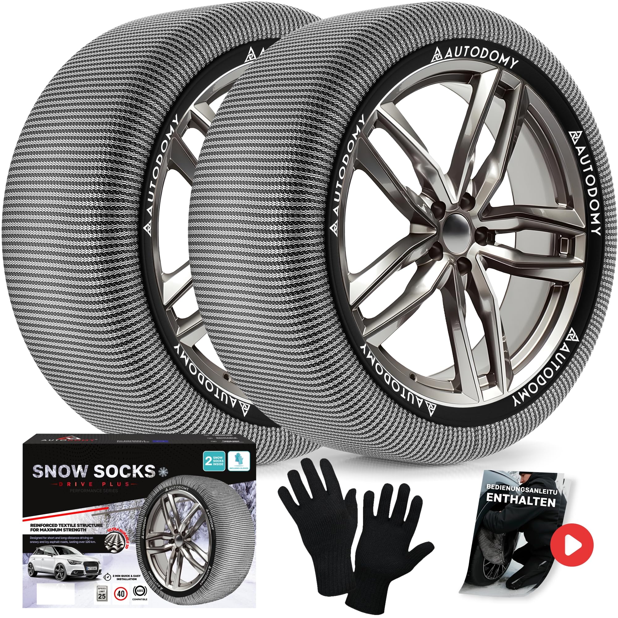 Autodomy Textil Schneeketten Größe L Kompatibel mit Allen Reifen | Reifensocken für Winter die den Reifen Nicht Beschädigen | Textil Schneeketten Auto, Homologiert Schnell Ohne Werkzeug