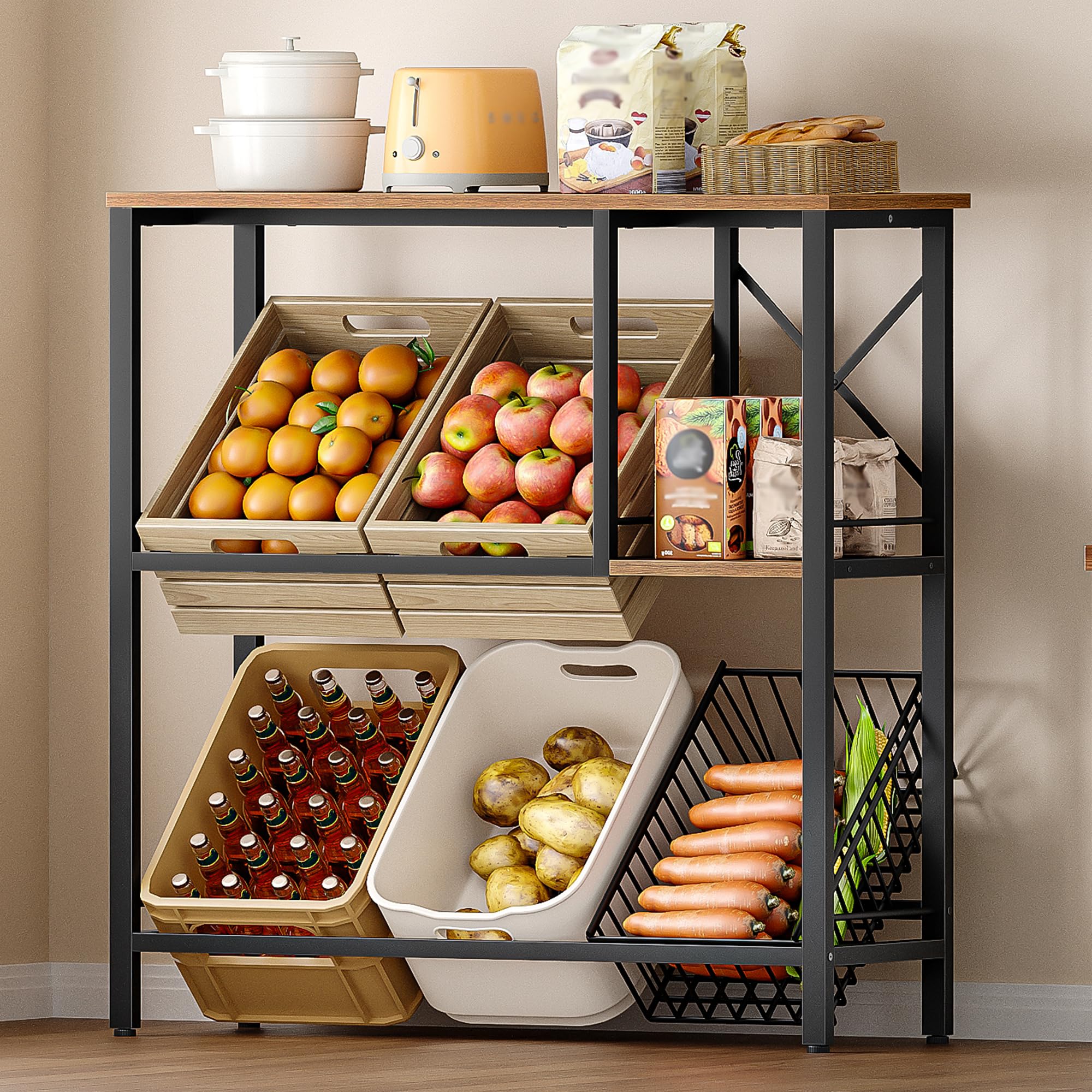 Hzuaneri Getränkekistenregal mit Ablage, Freistehend Kistenständer für 6 Kisten, Regal, Getränkekisten, Getränkeregal, Wasserkistenregal, Bierkistenregal, 40 x 110 x 111,5 cm Braun-Schwarz DS32001B