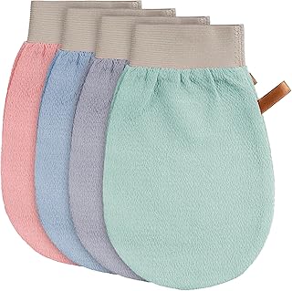 4 Pcs Exfoliating Glove Korean Exfoliating Mitt Body Exfoliator Glove Scrub Gloves Shower Gloves Dead Skin Remover for Body, Self-Tan Prep & Removal, Blue, Green, Black, Pink