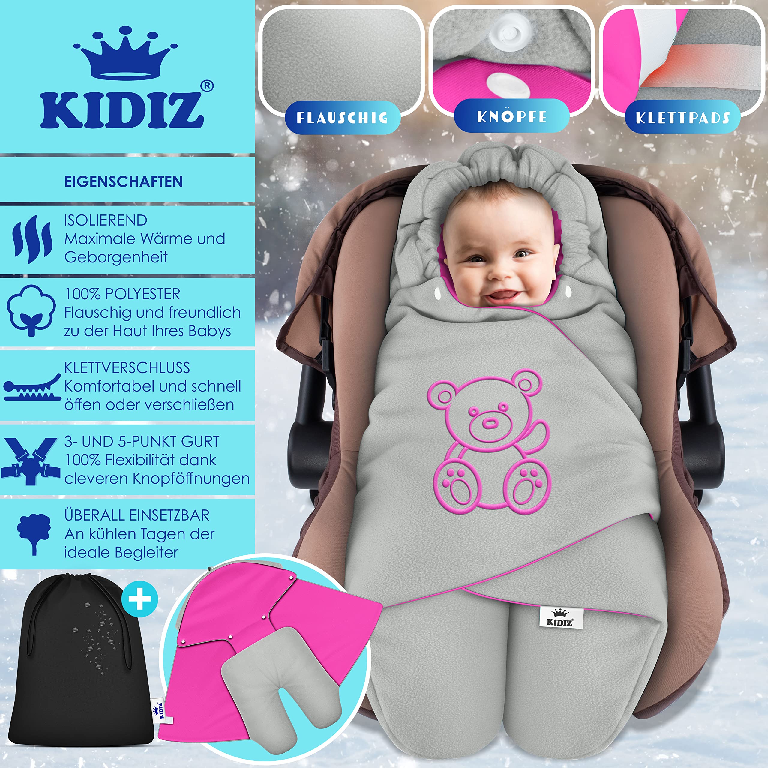KIDIZ® Baby Einschlagdecke Babyschale Winter Herbst Babydecke mit Tasche Universal Fußsack kompatibel mit Maxi-Cosi, Römer, Buggy, Kinderwagen & Autositz isolierend gegen Wind, Nässe & Kälte