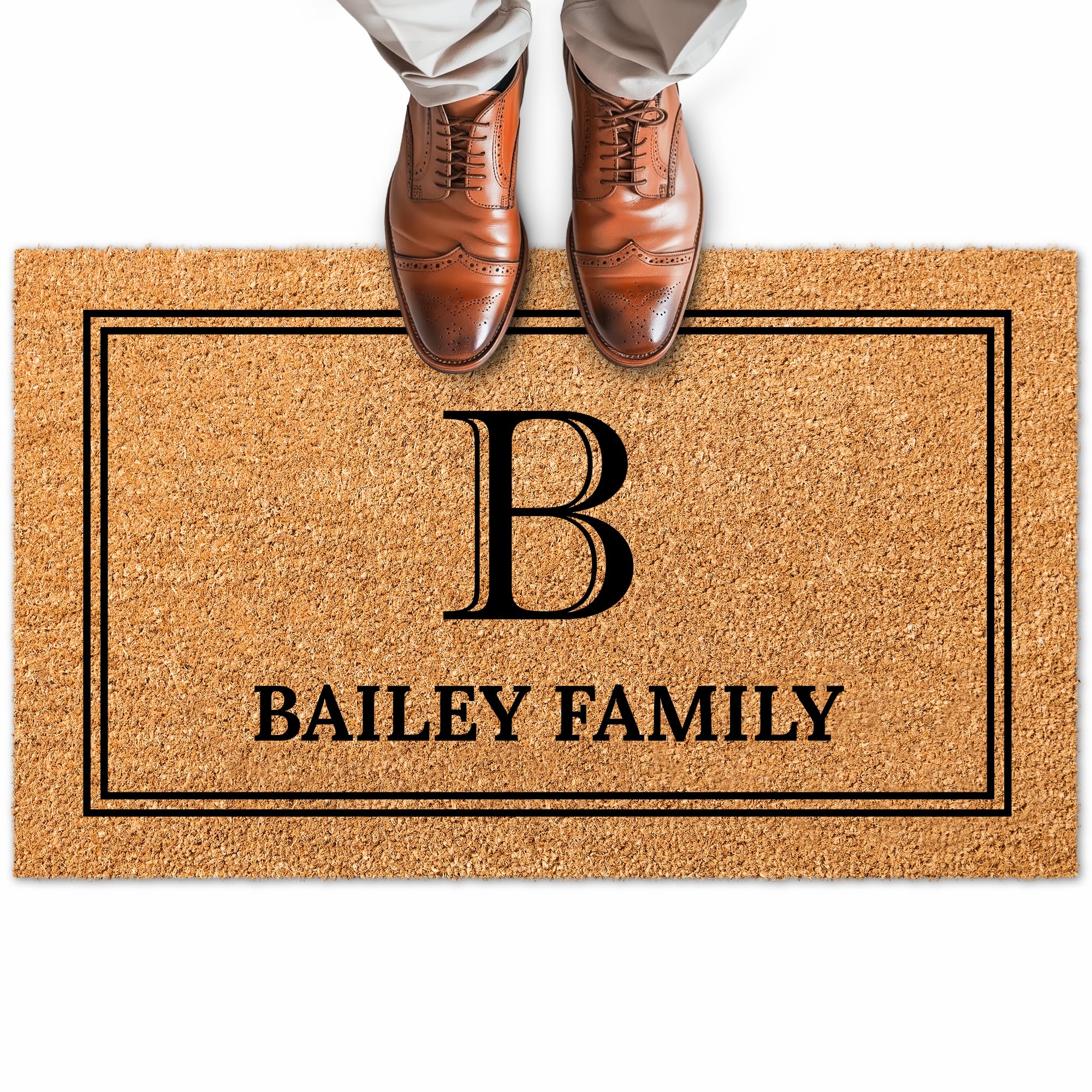 Custom Home Coir Doormat, Personalized Initial Family Name Front Door Mat Indoor/Outdoor Heavy Duty Backing, 24x16" Inches, Coir Material, Made in USA