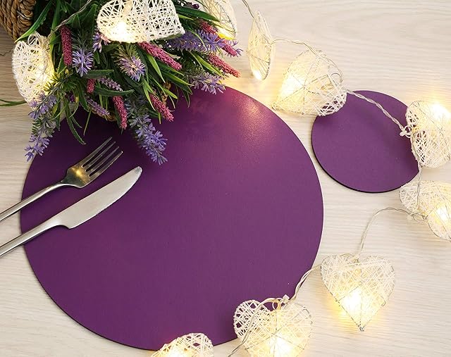 The Dapper House Set of 8 Elementry Purple Leatherboard Round Placemats and 8 Coasters - Made in UK