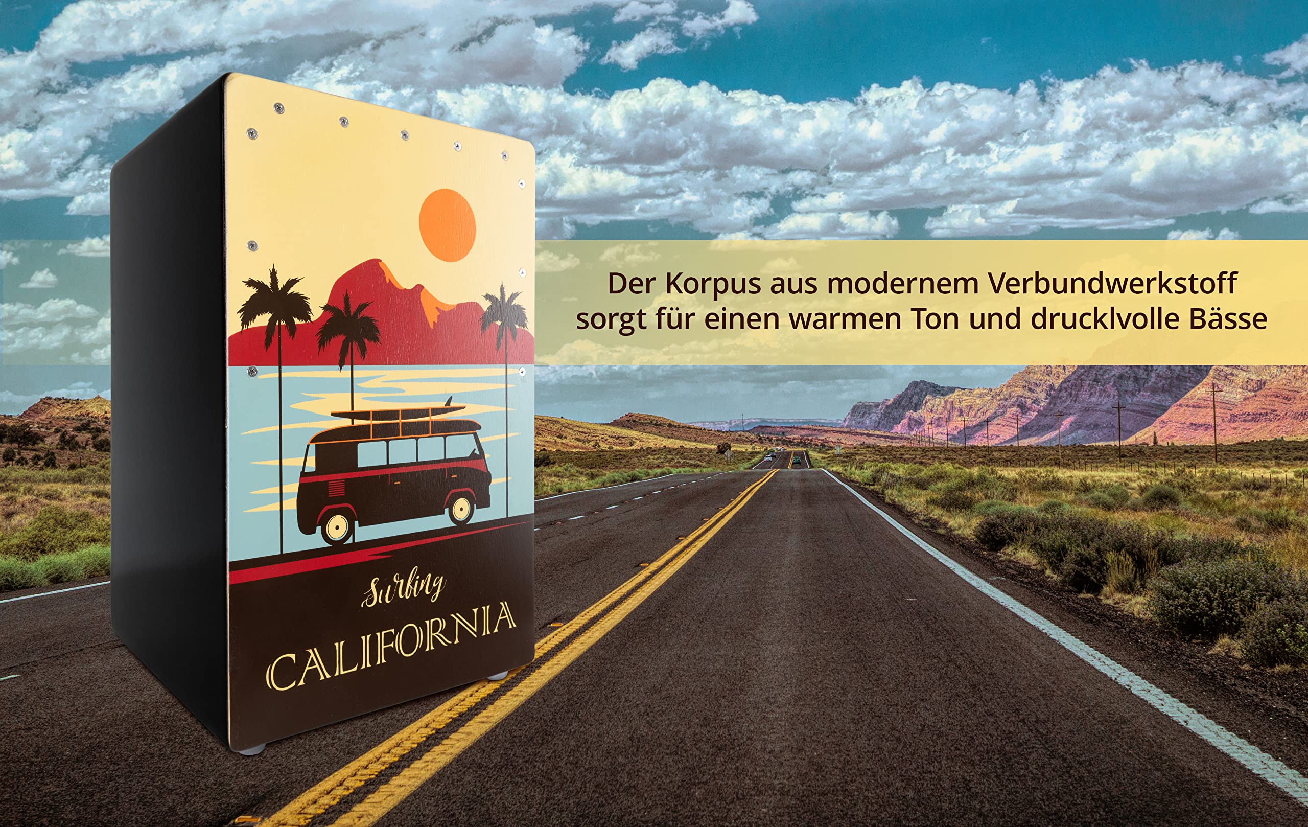 XDrum Design Series Cajon "California", Integrierter Bass Port, 5 cm | Designer-Cajon mit "California"-Kunstdruck, Korpus: HPL (High Pressure Laminate), Obere Hälfte der Schlagfläche geschraubt