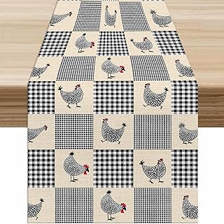 Farm Rooster Table Runner, Vintage Country Old Plaid Black and White Minimalist Farmhouse Chicken Animals Table Decor Table Top Kitchen Dining Wedding Party 13x36In