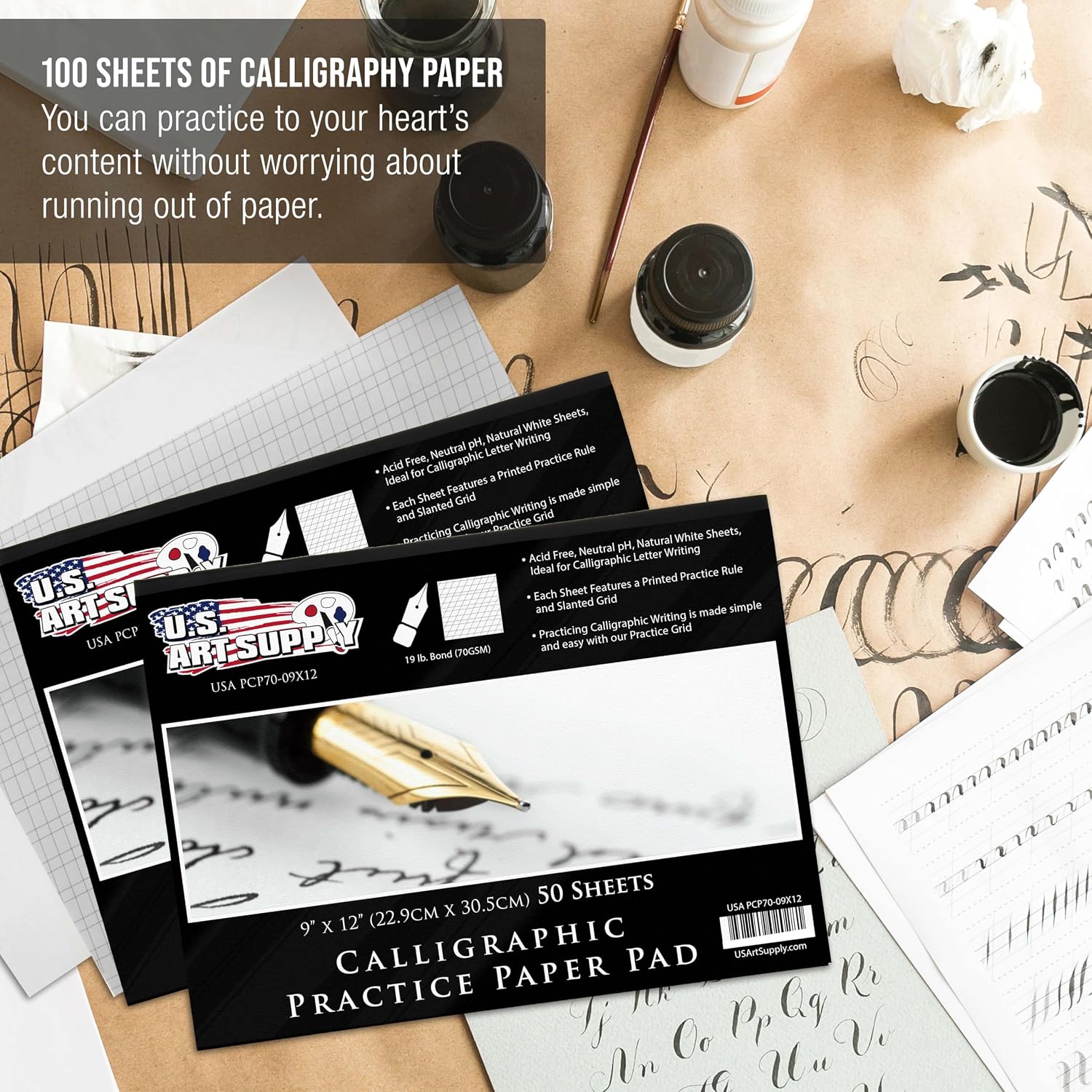 U.S. Art Supply Calligraphy Practice Paper Pad (2 Pack) - 9" x 12", 19lb Bond (70gsm), Pad of 50 Sheets (100 Total) with Printed Slanted Grid - Calligraphy Practice Book for Beginners
