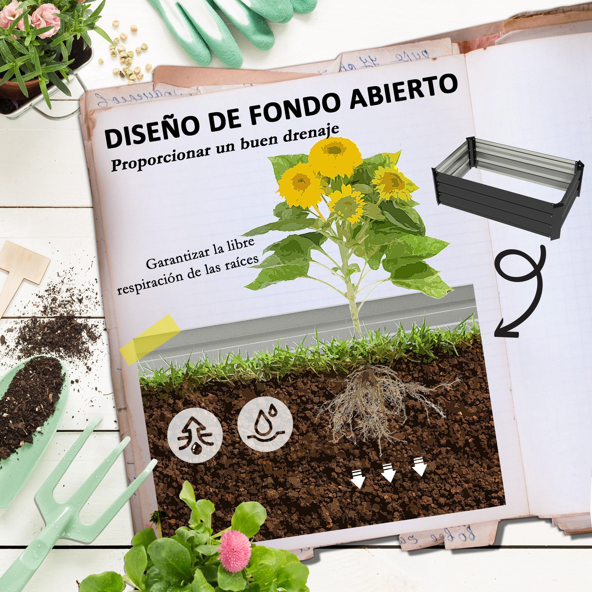 Outsunny Juego de 2 Jardineras de Exterior de Acero Maceteros Grandes de Exterior Huerto Urbano Rectangular para Cultivos Plantas Flores para Patio Jardín 100x60x30 cm Gris Oscuro