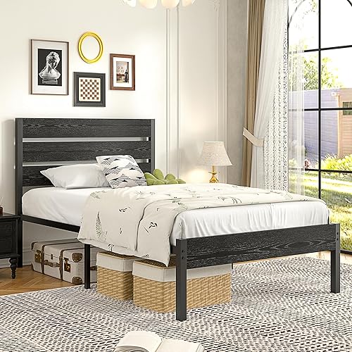 Miniatura 18 de VECELO Juego de 2 marcos de cama tamaño individual con cabecera y estribo de madera, marcos de plataforma resistentes con sistema de soporte de