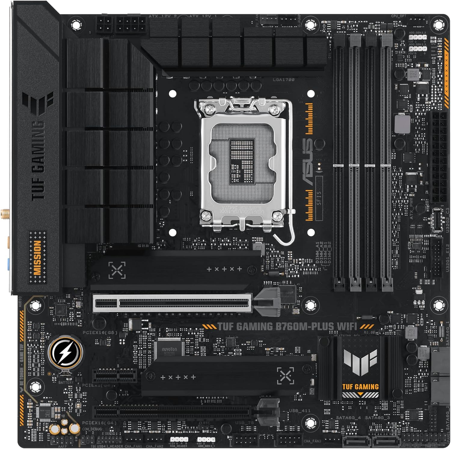 ASUS TUF Gaming B760M-PLUS WiFi Motherboard with retail box and WiFi antenna