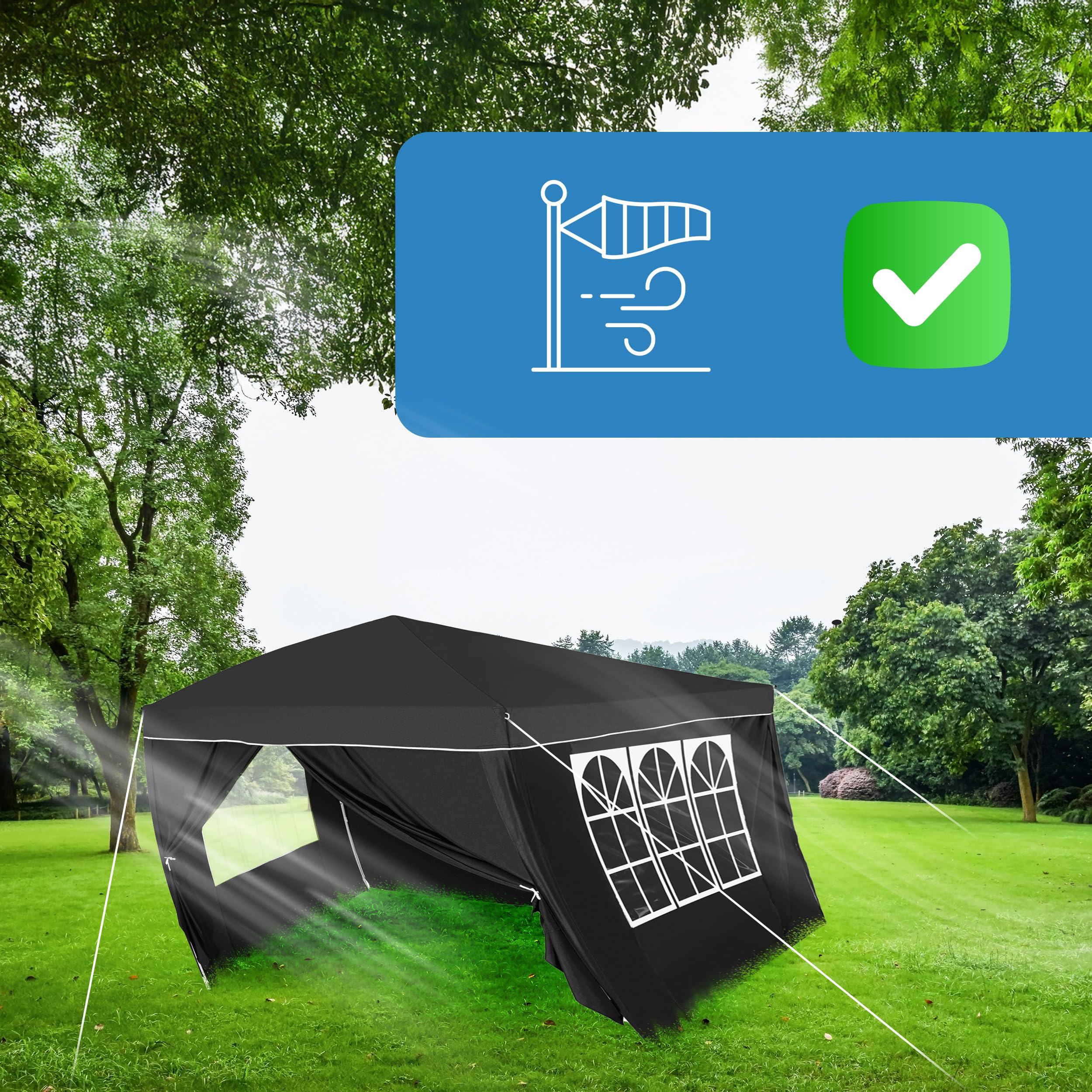 KANWOD Tonnelle 3x3 TORM, Tonnelle de Jardin 9 m² avec 4 Parois Latérales et 3 Fenêtres, Barnum Pliant pour Événements