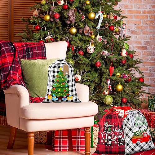 Miniatura 6 de Aneco 6 Piezas Bolsas de Regalo de Navidad con Cordón, Bolsa de Tela a Cuadros Buffalo con Cordón, Bolsas Reutilizables para Envolver Regalos con 24