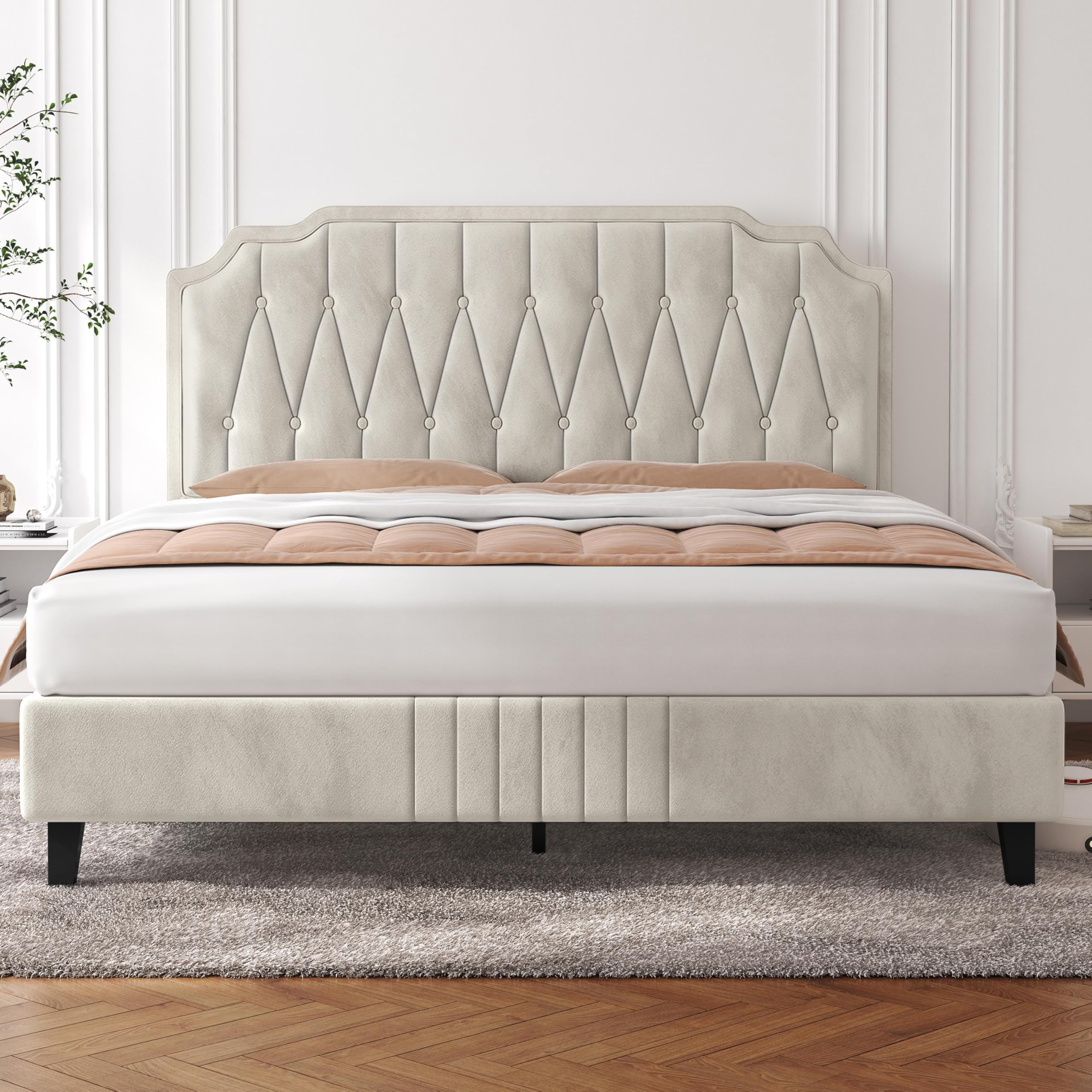 Yaheetech 4ft6 Double Bed Frame Upholstered Platform Bed with Adjustable Button Tufted Headboard/Velvet Fabric/Sturdy Wooden Slat Support/No Box Spring Needed, Beige Double Bed