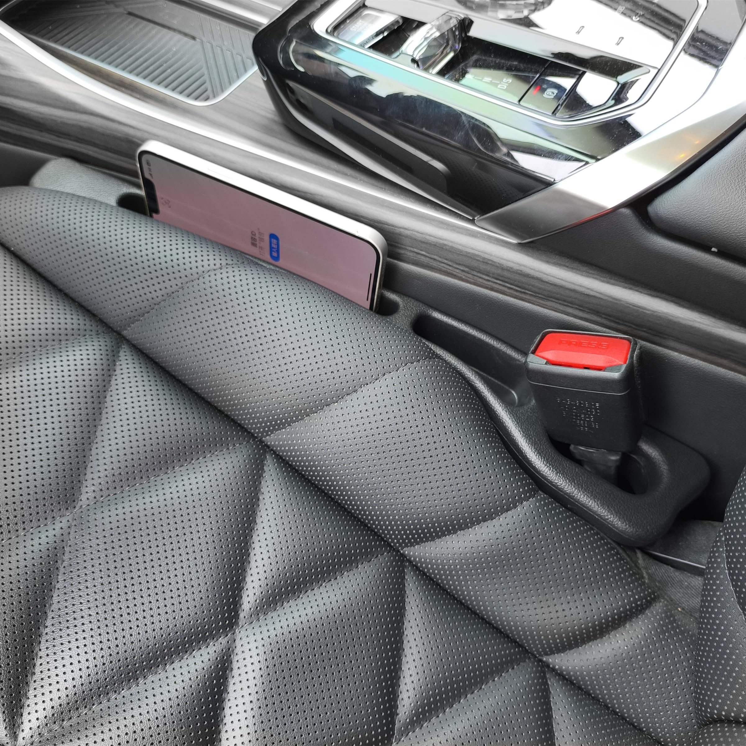Condition photo showing New/Like New for 2 pack no drop car seat gap filler guard, stopper/catcher to fill the gap between seat and console black car crevice inbetween blocker plug space pad ymt-a03