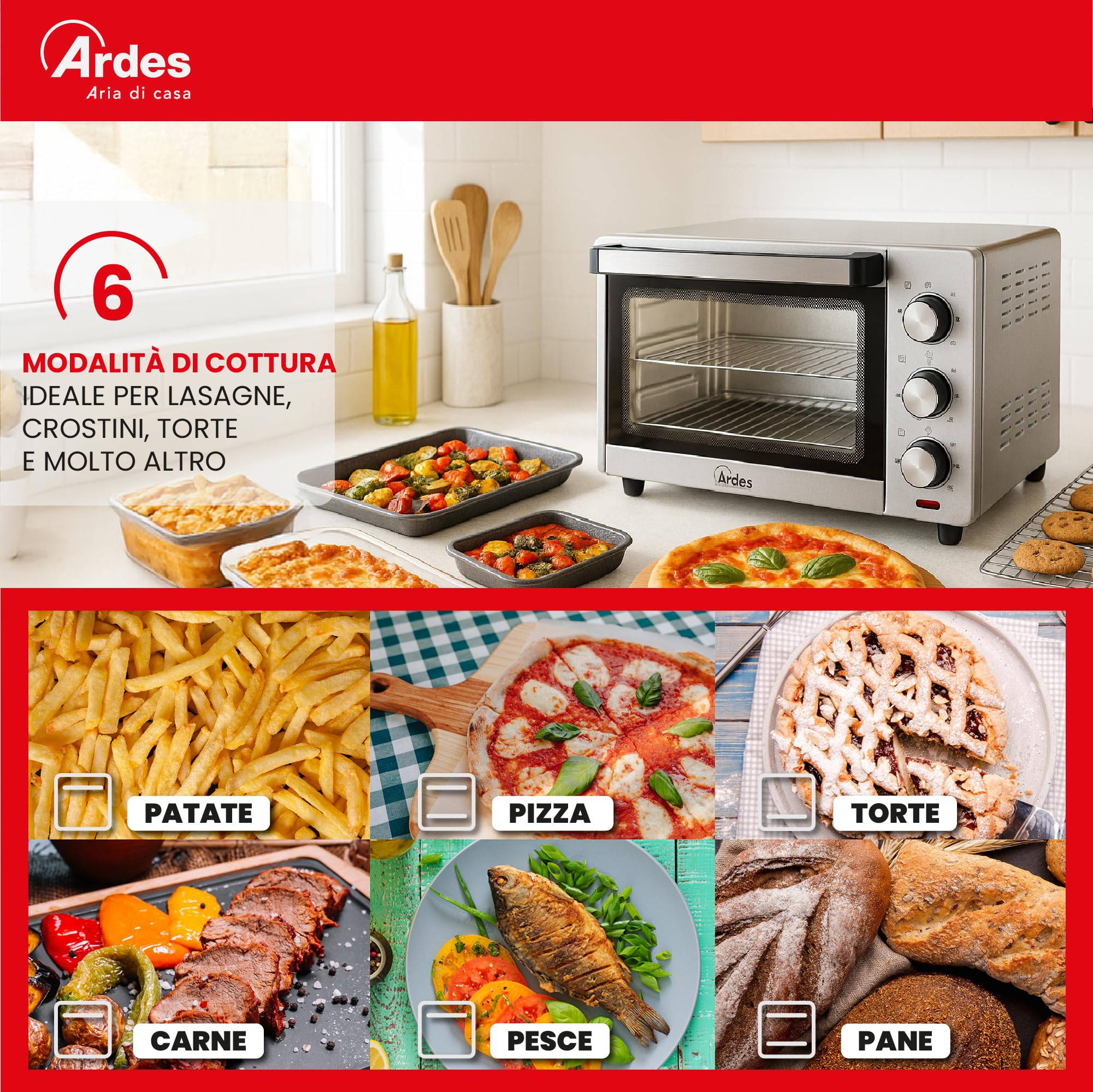 ARDES - AR6225S Four électrique ventilé Capacité de 25 litres avec lumière interne 6 fonctions Cuisson Minuterie Double vitrage avec accessoires Magnus, Argent
