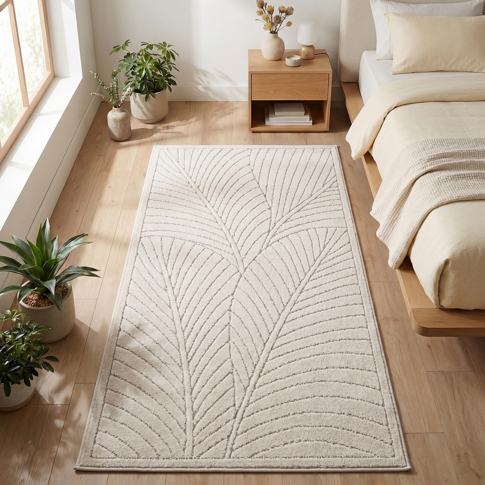 Carpetsale24 Kurzflor Teppich Beige Wohnzimmer Schlafzimmer 3D Hoch-Tief-Effekt, Skandinavisch Boho Motiv, für Outdoor Bereich geeignet Terrassen oder im Balkon