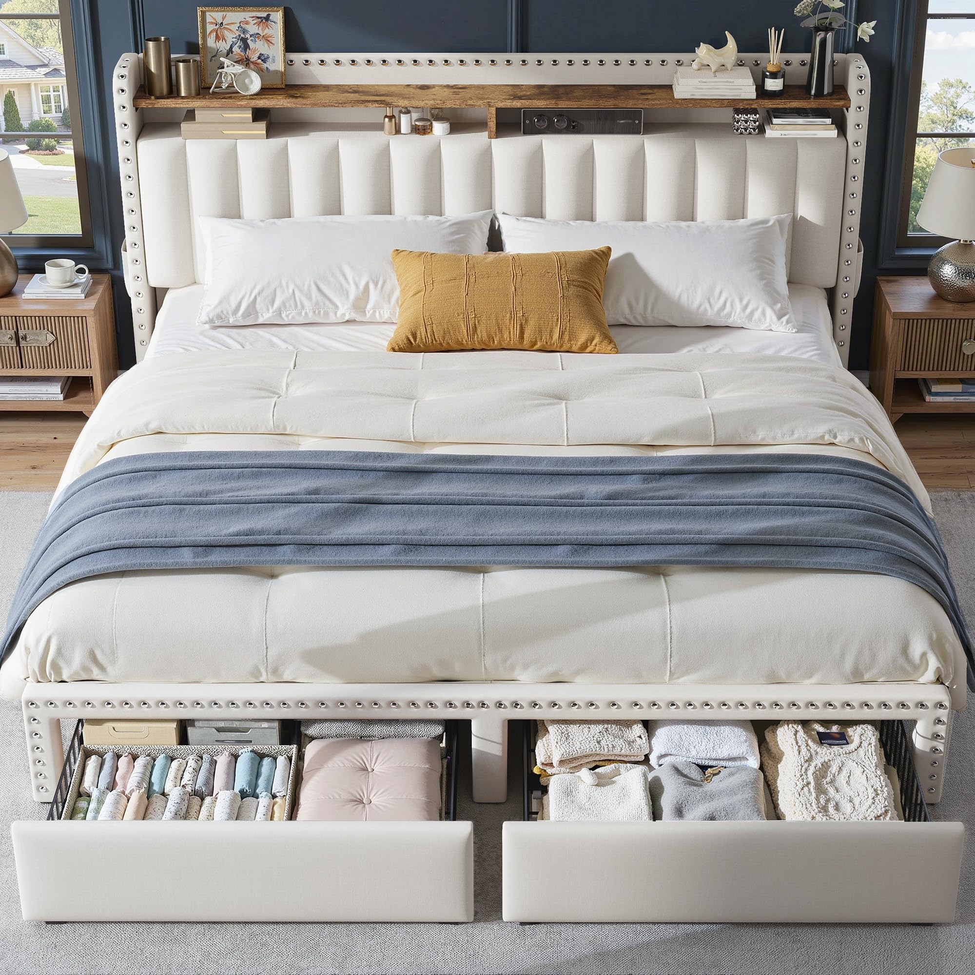 EnHomee King Size Bed Frame, Upholstered King Bed Frame with 2 Storage Drawers and 2-Tier Headboard, Vertical Tufted Headboard Design, Extra Storage Space for Bedroom Apartment, Beige