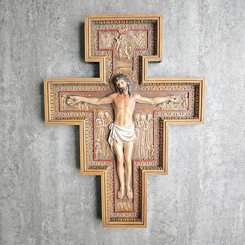 Miniatura 3 de Crucifijo católico de San Damiano BC para altar, regalos católicos, cruces decoración del hogar, pintada a mano en acabado de madera, escultura
