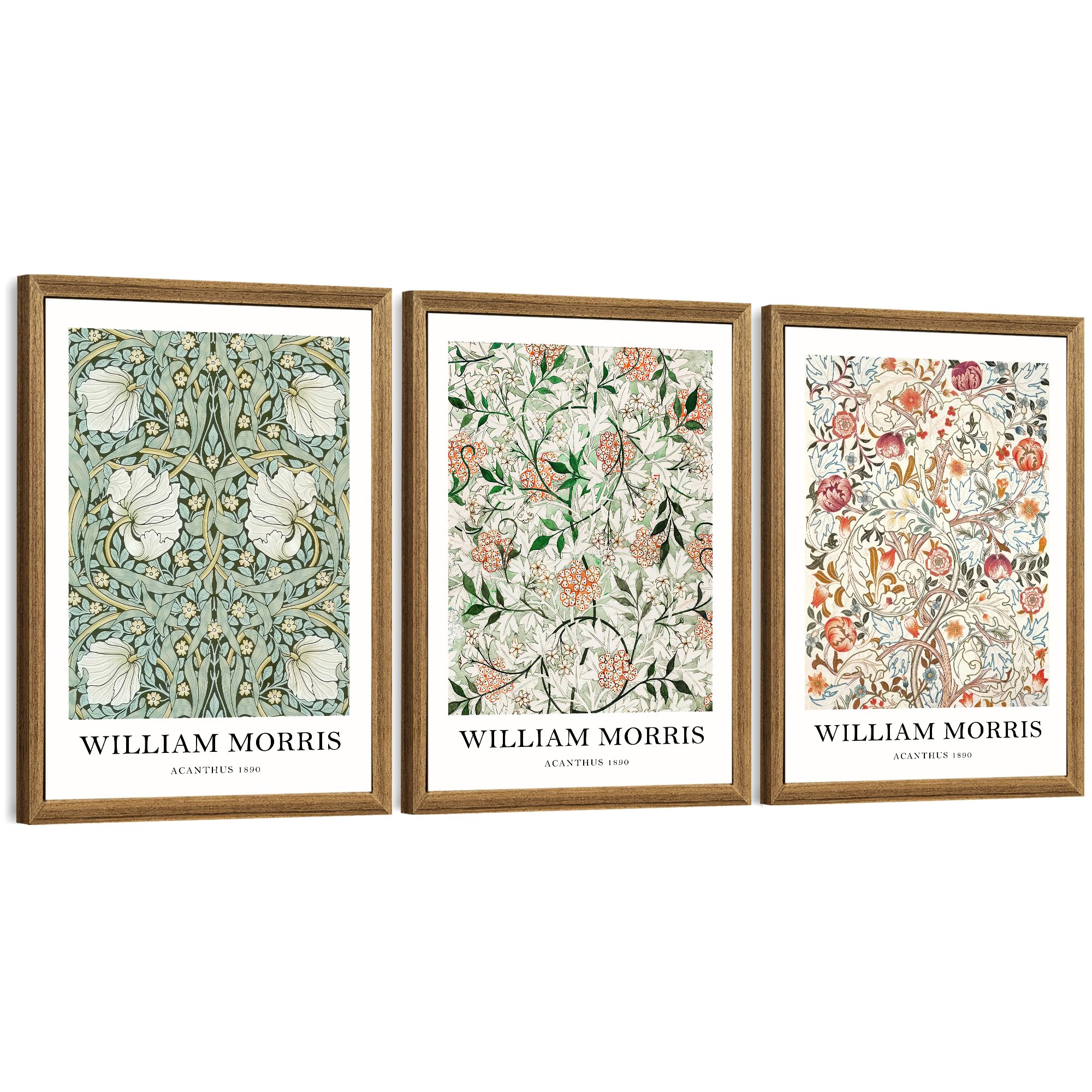 FWAHREN William Morris Framed Canvas Wall Art Set, 3 Piece Vintage Botanical Floral Pattern Pictures Prints Artwork, Large Paintings Wall Decor for