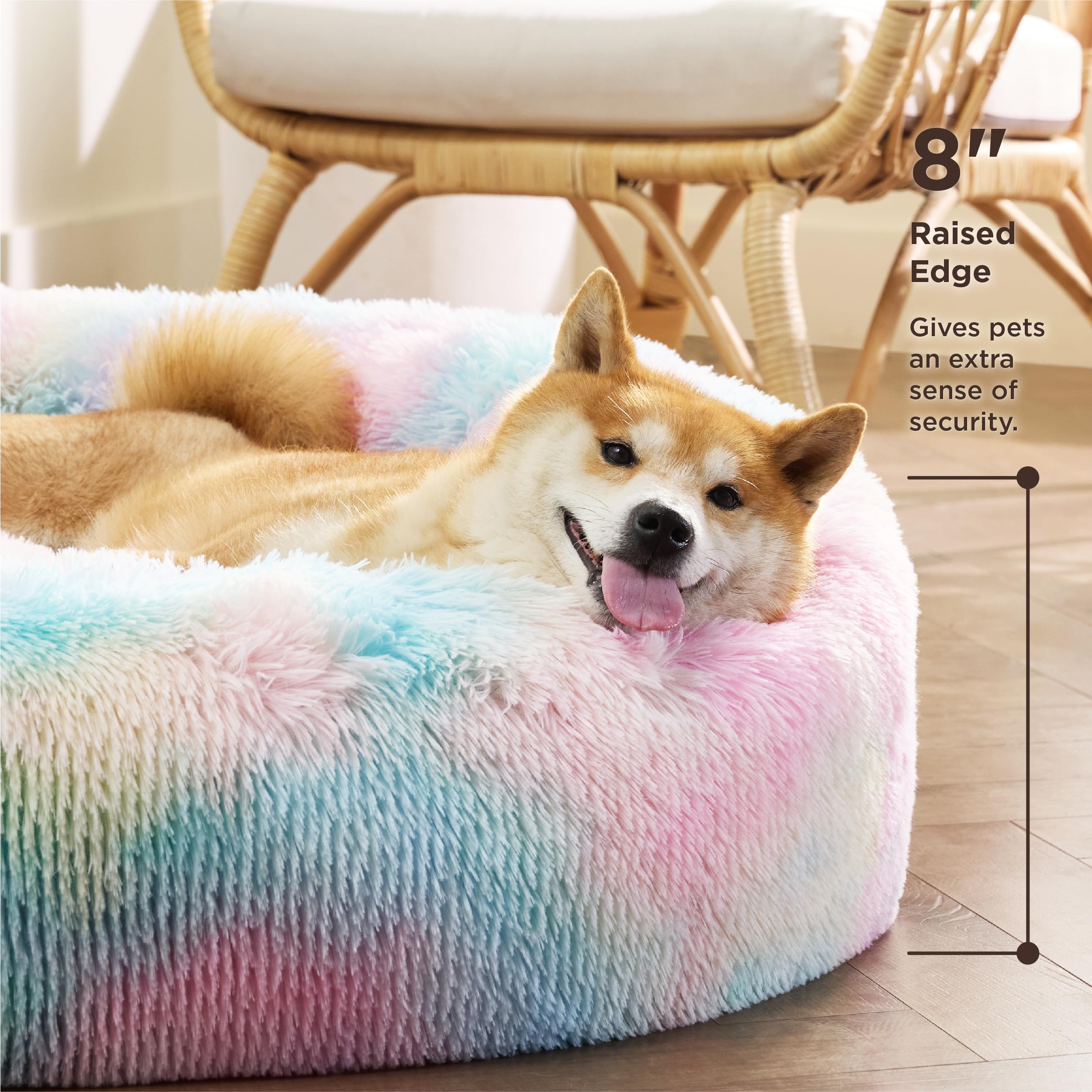 Bedsure Calming Dog Bed for Medium Dogs - Donut Washable Medium Pet Bed, Anti Anxiety Round Fluffy Plush Faux Fur Cat Bed, Fits up to 45 lbs Pets, Multi-Colored, 30 inches