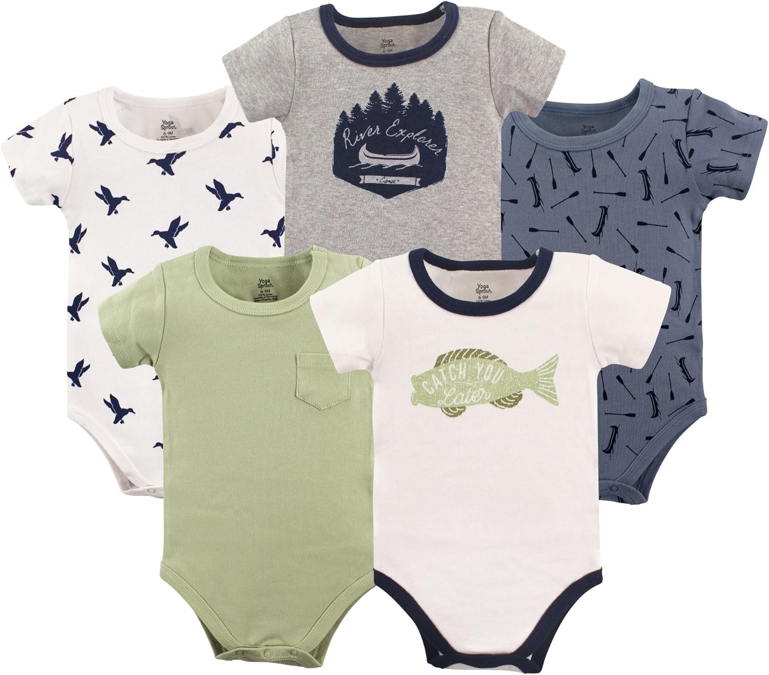 Yoga Sprout Cotton Bodysuit, 5 Pack, Little Explorer, 9-12 Months