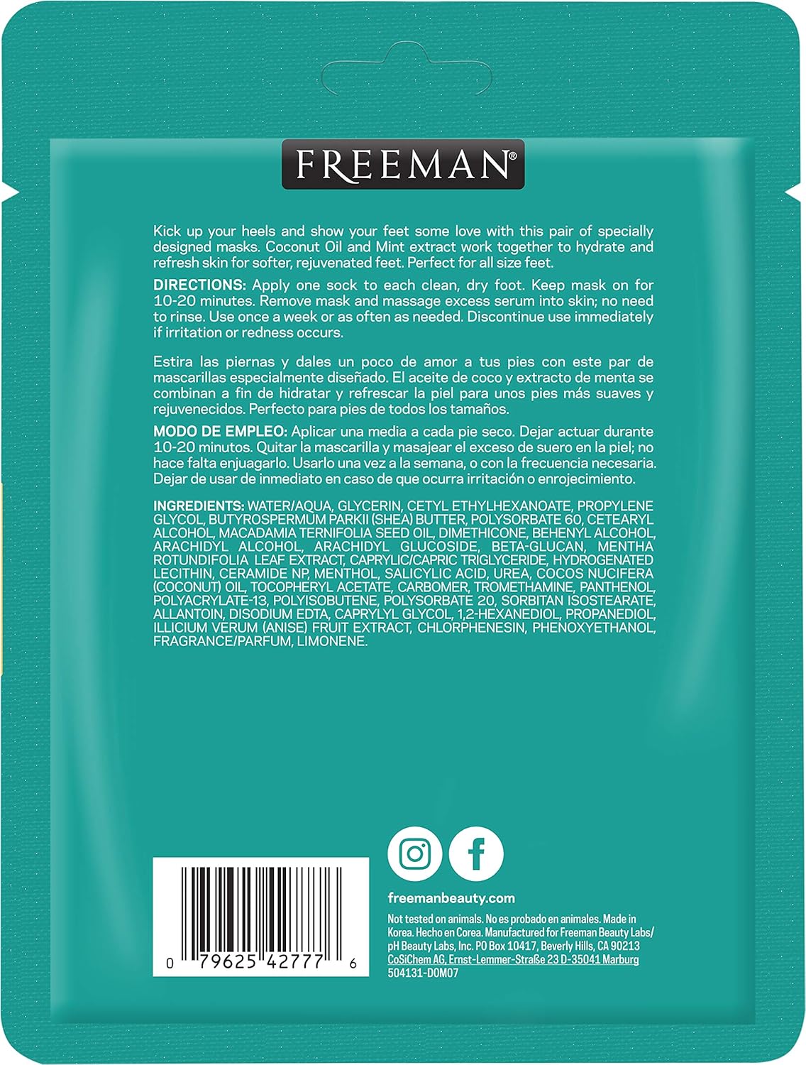 Freeman Beauty Flirty Feet + Silky Hands Sheet Masks, Foot and Hand Care for Dry Skin, 6pk sachets : Everything Else