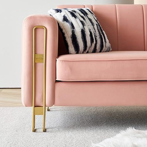 Miniatura 6 de Yoglad Mueble de tela contemporánea de 3 plazas, sofá de terciopelo con rayas profundas, sofá tapizado con brazos cuadrados y patas de metal para