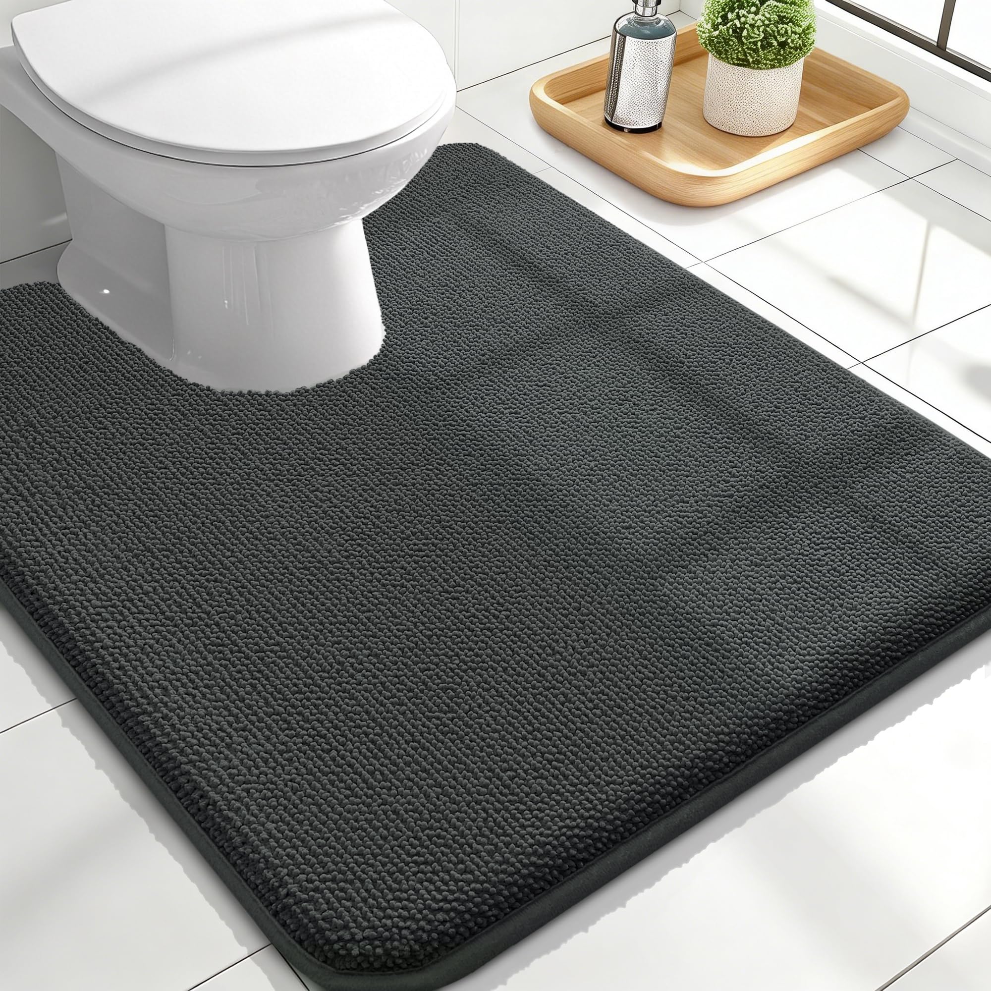 OLANLY Memory Foam Bathroom Toilet Rugs U-Shaped 24x20,Soft Mat, Dark Grey