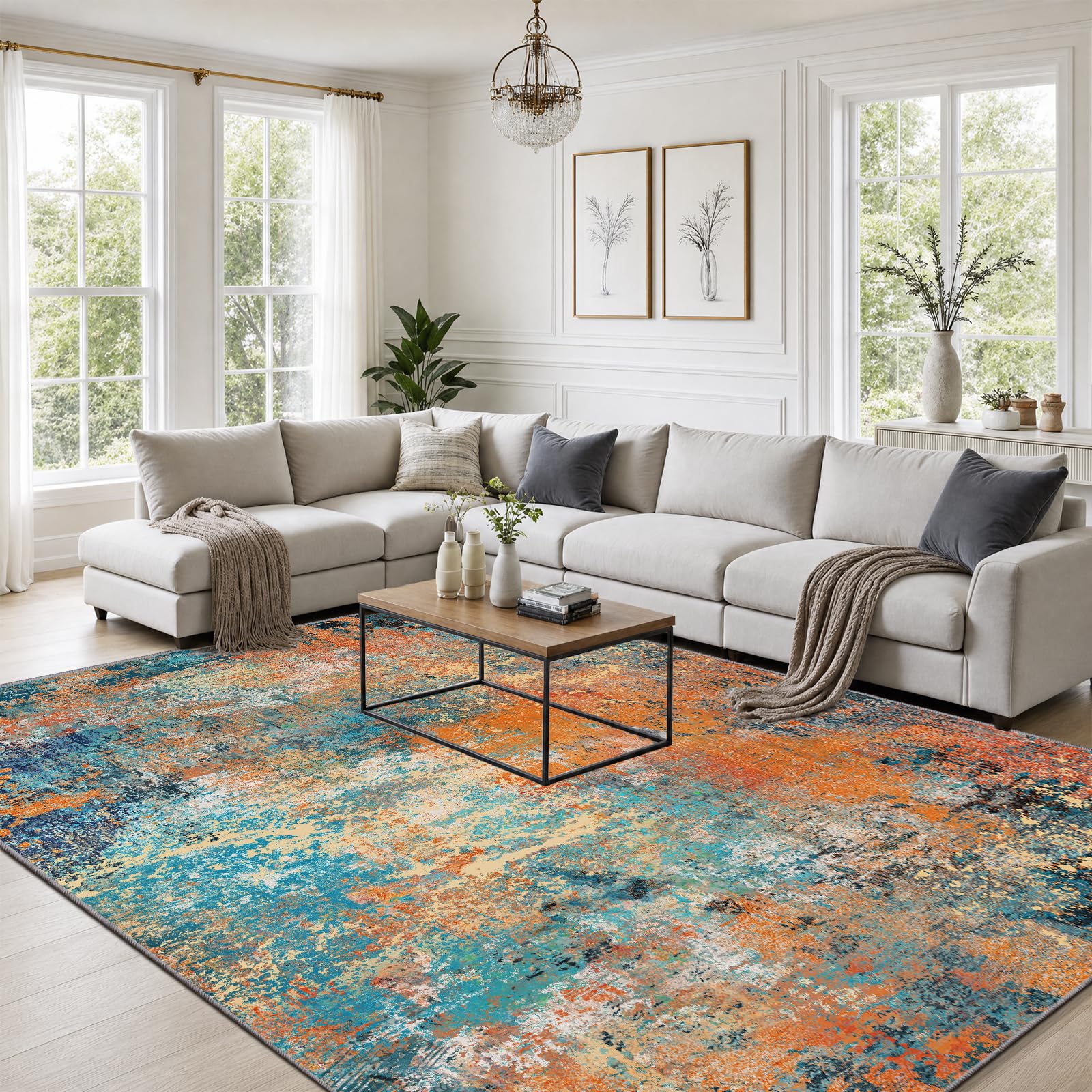 Modern Blau gelb Teppich groß 200x300 - abstrakt Kurzflor Teppich -Weich rutschfest Waschbarer für Wohnzimmer Schlafzimmer Esszimmer Büro
