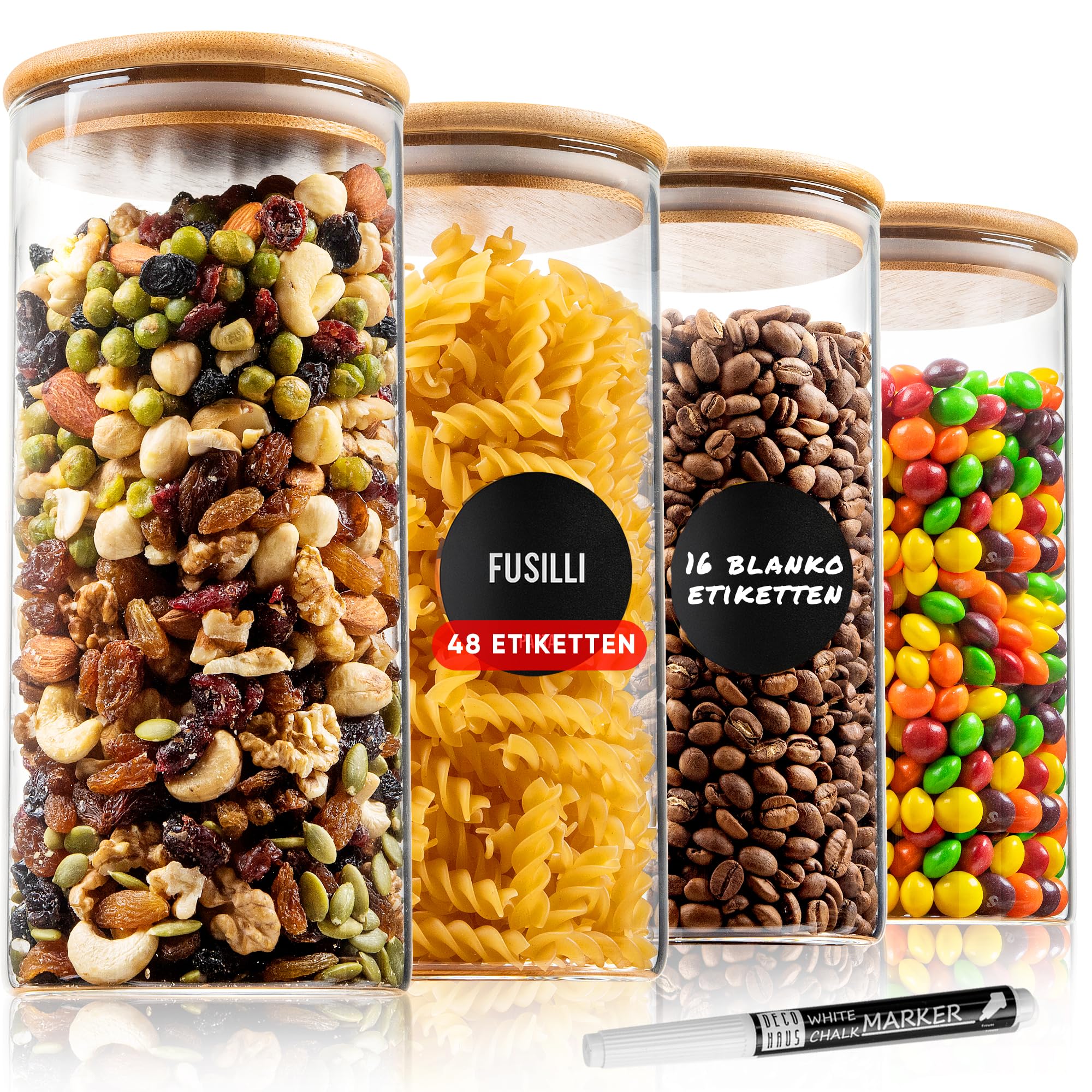 Deco haus® Vorratsgläser mit Deckel Luftdicht 4 x1400ml [+ETIKETTEN] - Vorratsdosen Glas mit Deckel Luftdicht - Aufbewahrungsgläser - Vorratsbehälter Glas Eckig - Vorratsglas - Aufbewahrungsglas