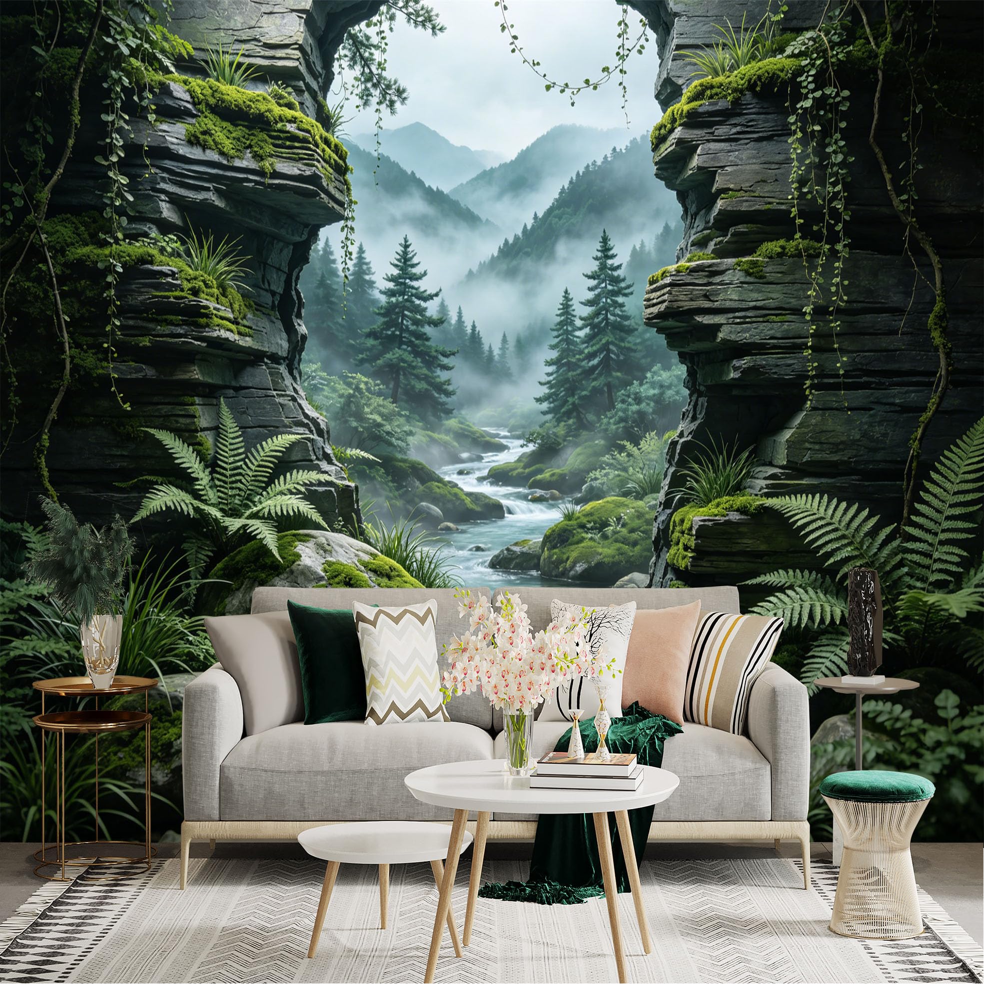 Custom Size Wall Sticker Mural， Misty Mountain River with Lush Forest and Mossy Rocks， for wall Decoration， peelandstick wall Decals.