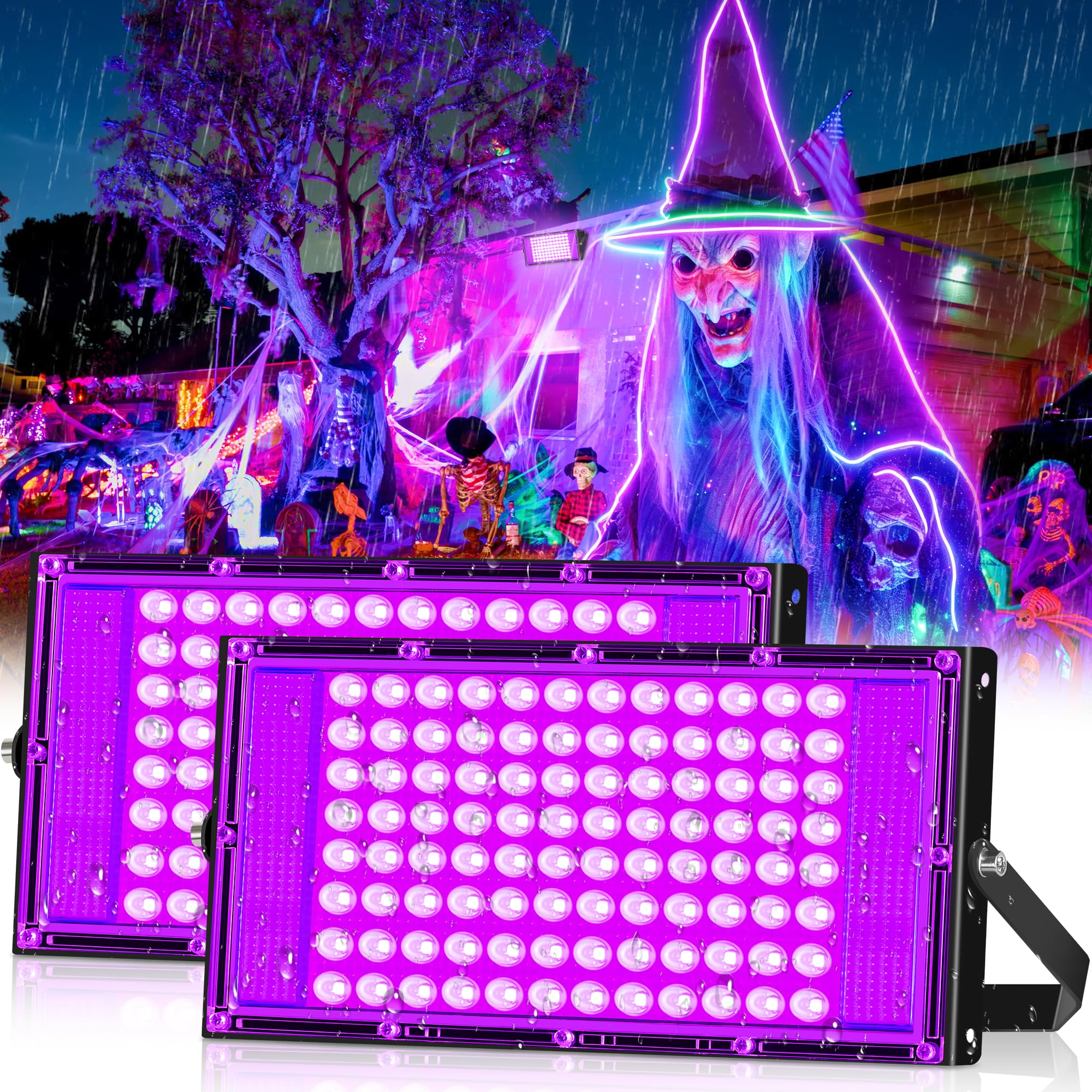 2 Pack 100W LED Black Light for Glow Party, Waterproof Blacklight Halloween