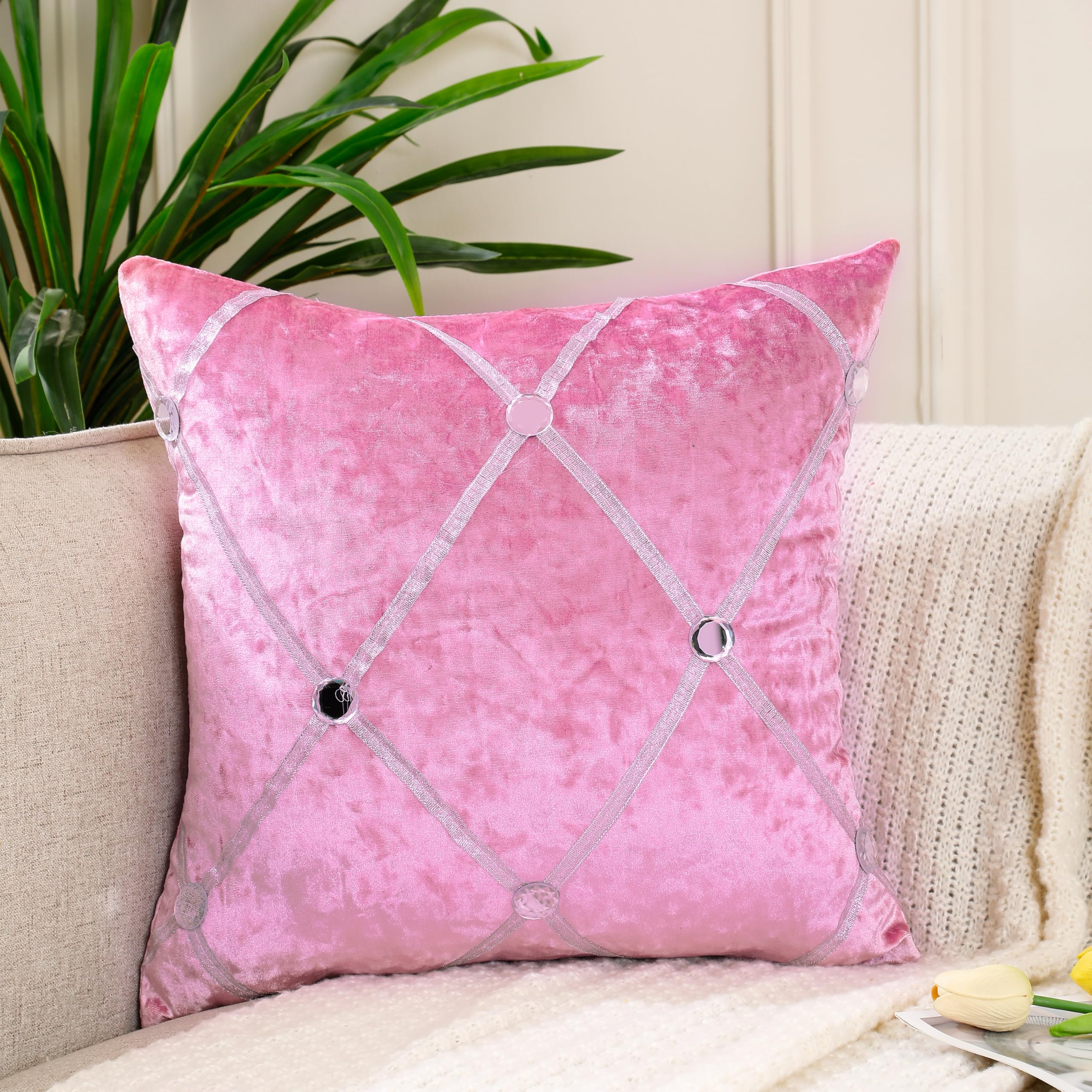 Anything 4 you Velvet Throw Pillow Covers Set of 2-45 x 45 cm (18 x 18 inch) Pink Cushion Cover with Luxury Diamond Rhinestone Design and Invisible Zipper - Image 2