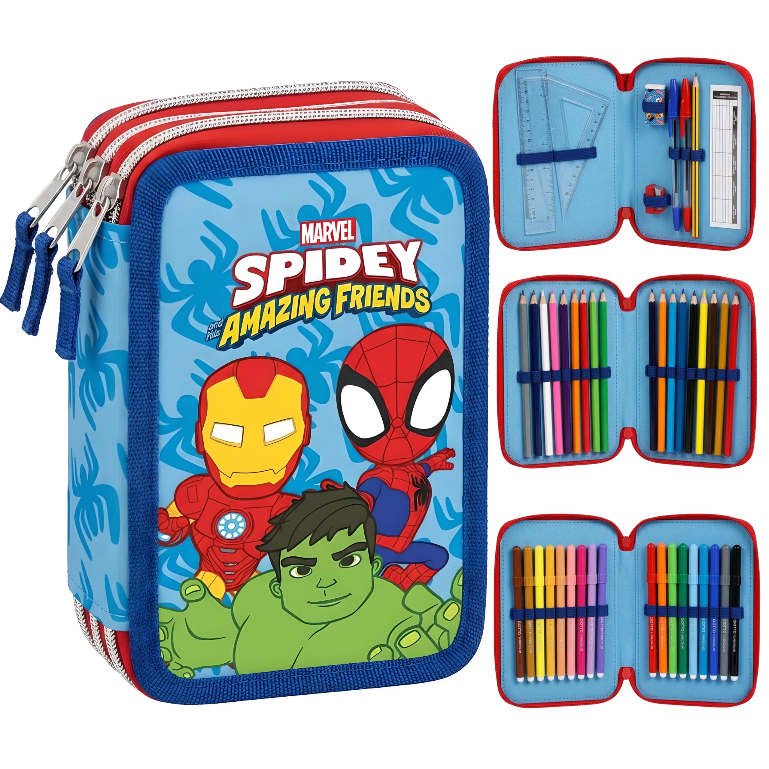 Marvel Spidey and His Amazing Friends Deluxe 3-Tier Loaded Pencil Case for Kids | 3-Compartment Filled School Pencil Case with Colouring Pencils & Stationery | Organised School Supplies Case