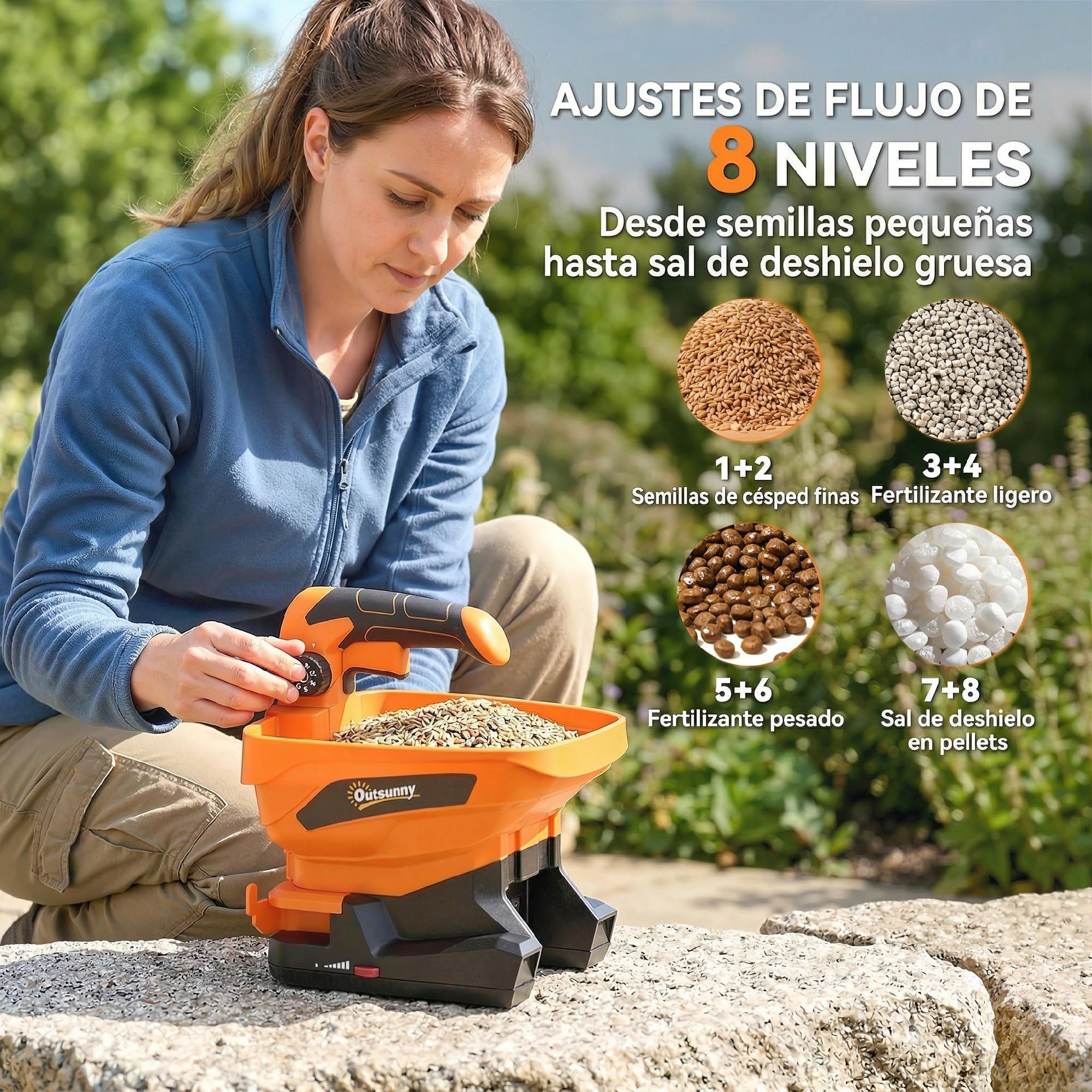 Outsunny Esparcidor Portátil 3,3 L, 8 Niveles de Flujo, Ancho de Proyección Regulable 3 Niveles, Puerto USB, Esparcidor de Semillas para Césped, Sal, Gravilla hasta 800 m², Naranja