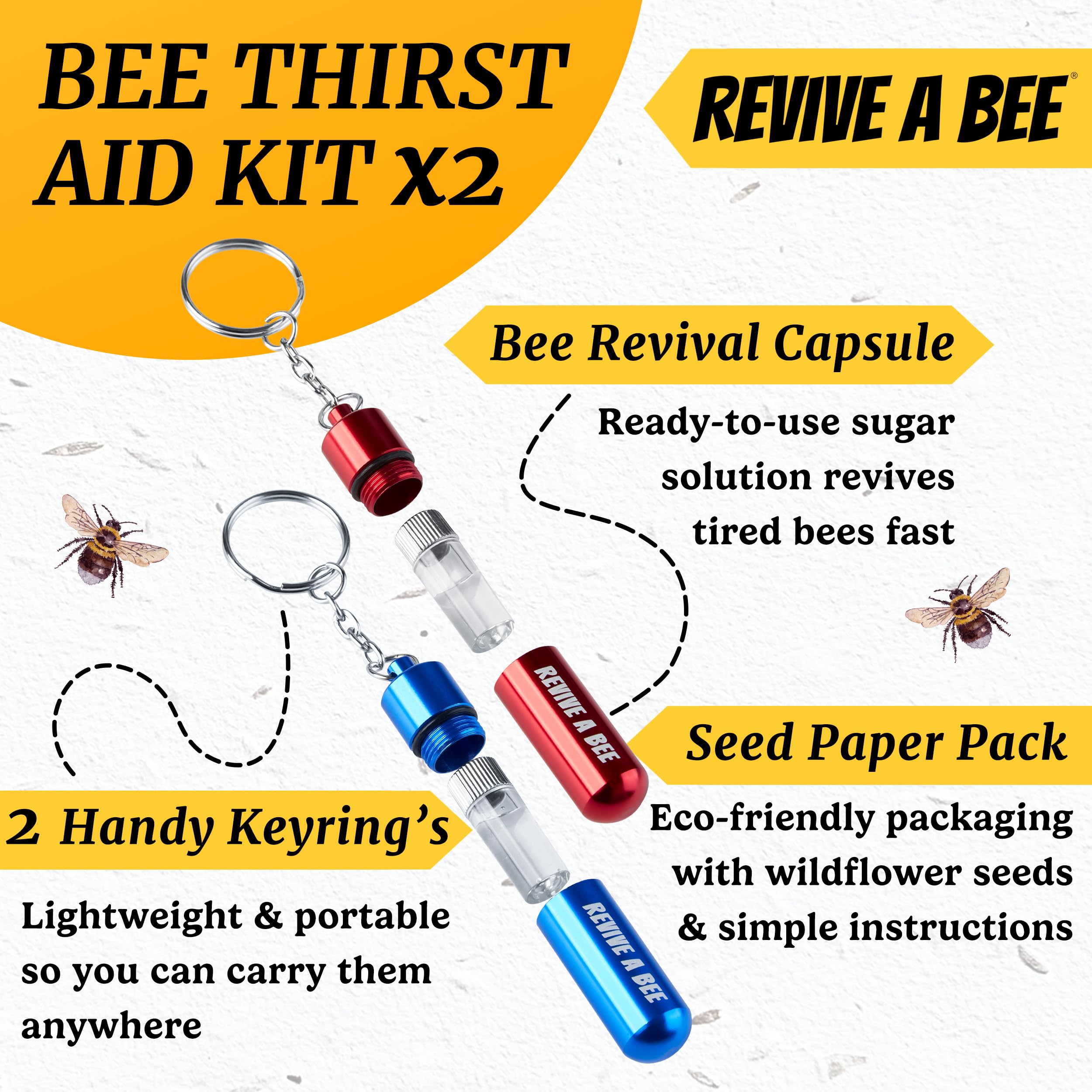 Revive a Bee Gift Box, 2 x Bee Revival Kit Keyrings, 1x Refill Bottle & Plantable Seed Paper, Gift For Eco-Conscious Nature Lovers — view 2