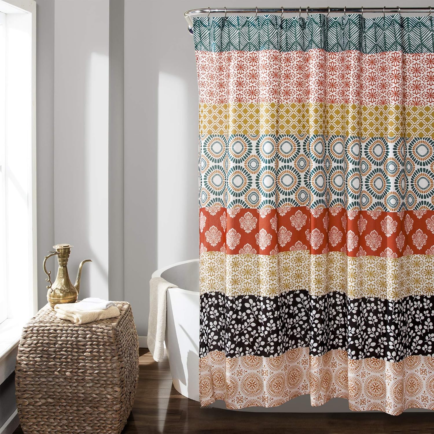 Lush Decor Bohemian Stripe Shower Curtain 72" W x 84" L Turquoise & Orange - Bathroom Curtain - Extra Long Shower Curtain - Boho Decor - Striped Shower Curtains