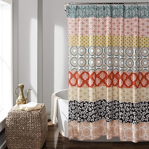 Lush Decor Cortina de ducha con rayas bohemias, 72 pulgadas de ancho x 84 pulgadas de largo, turquesa y naranja