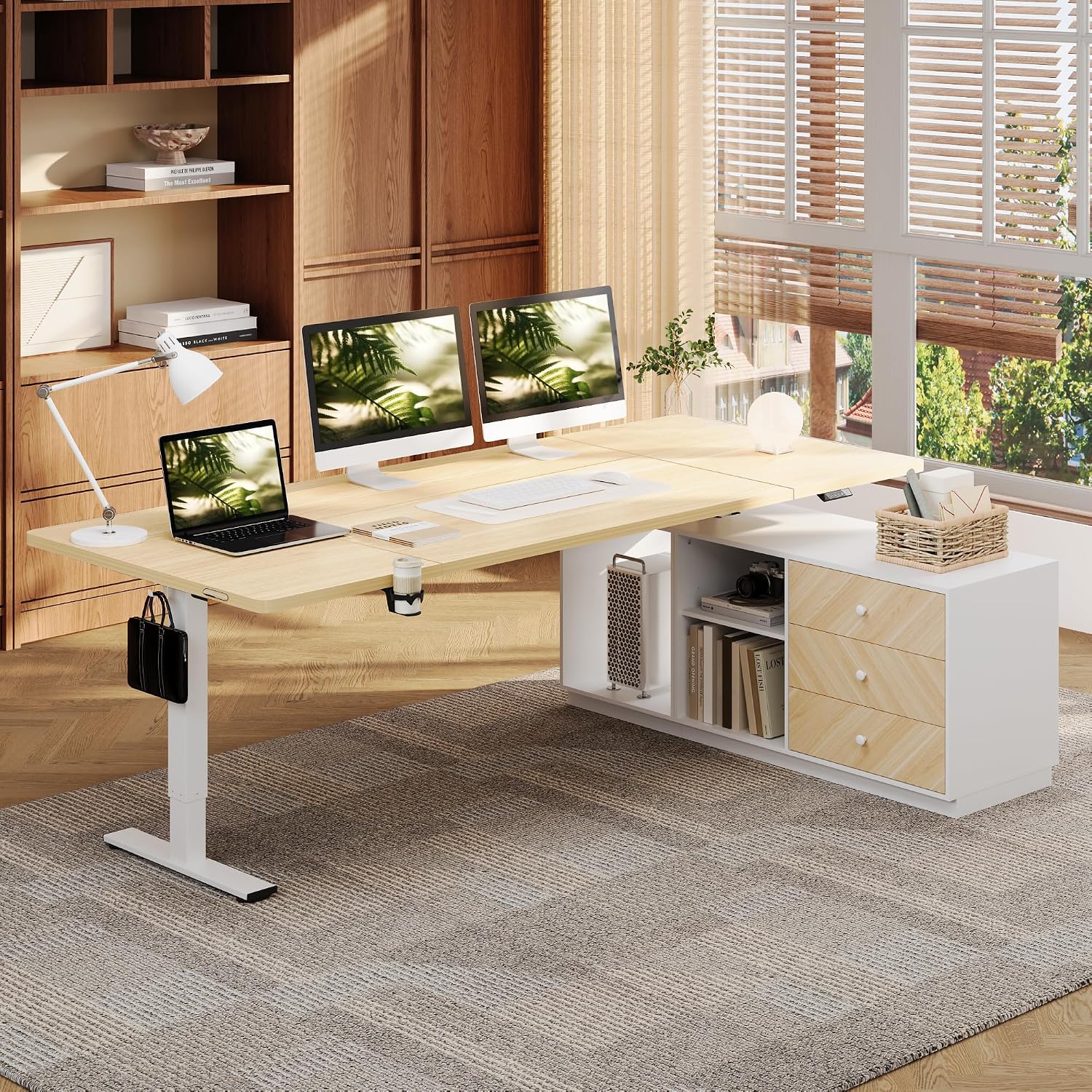 FLEXISPOT 71" L Shaped Standing Desk with Drawers, White Wood Grain