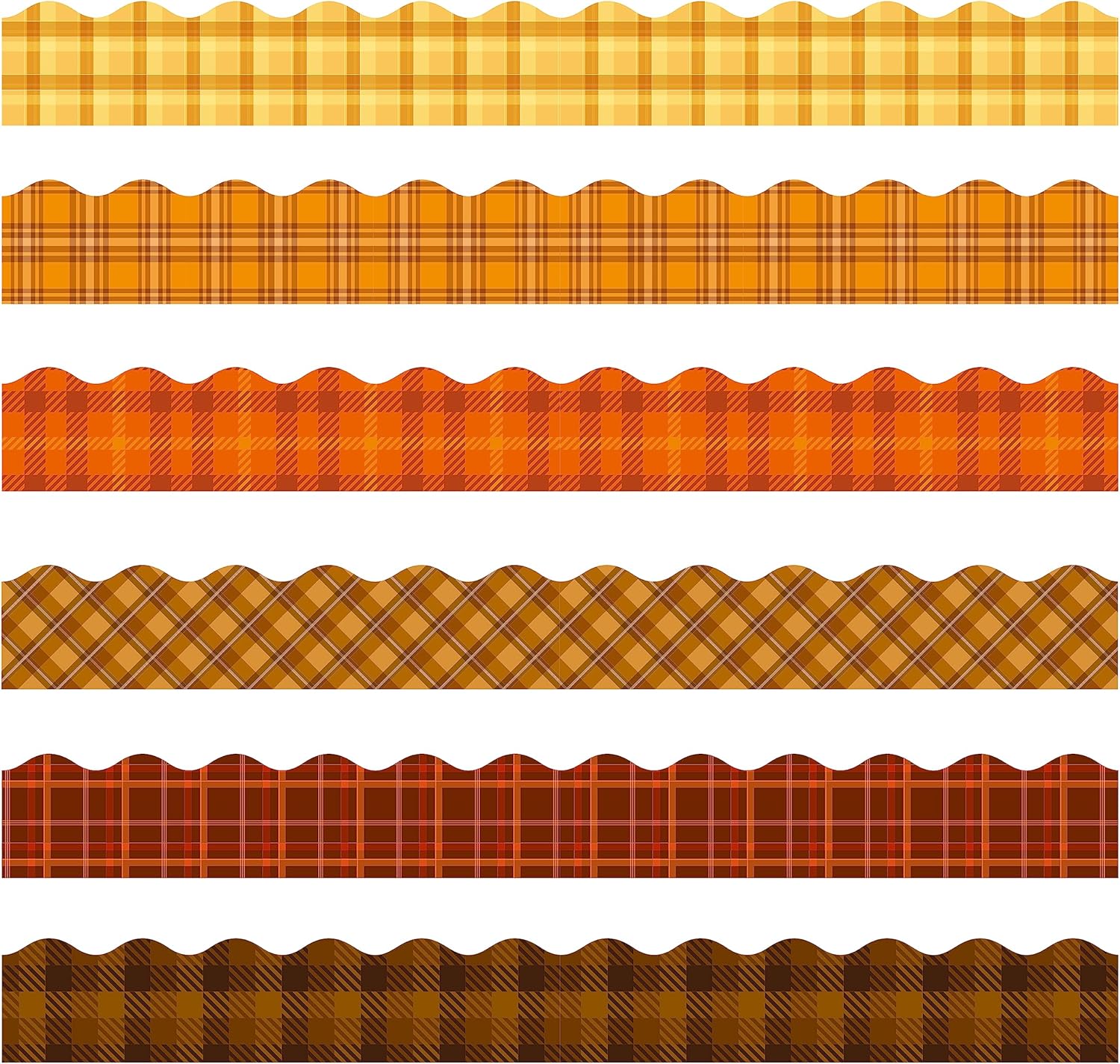 BeYumi 96Pcs Fall Yellow Orange Brown Plaid Bulletin Board Borders Autumn Thanksgiving Plaid Scalloped Border Trims Fall Harvest School Classroom Office Chalkboard Blackboard White Board Wall Decor