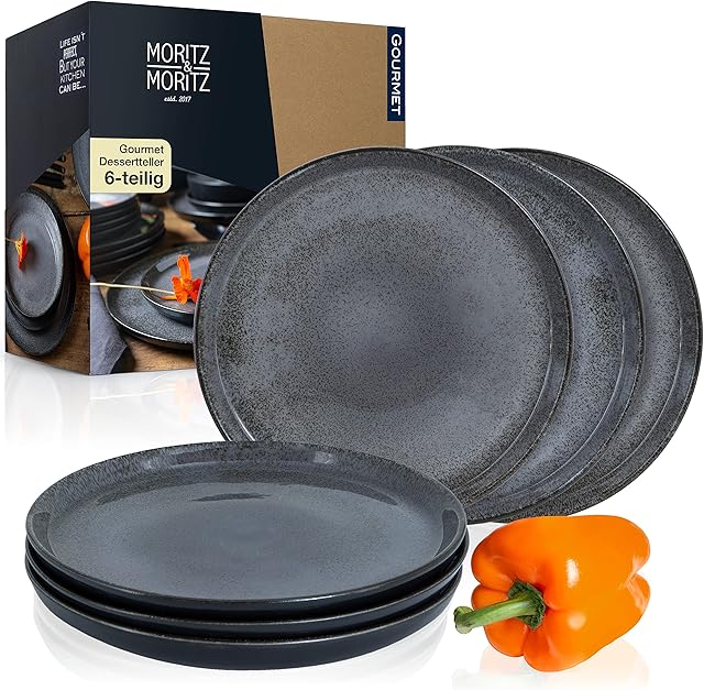 Moritz & Moritz VIDA 6-częściowy zestaw talerzy deserowych w kolorze antracytowym  talerze do ciasta dla 6 osób  porcelana nadaje się do mycia w zmywarce i używania w kuchence mikrofalowej