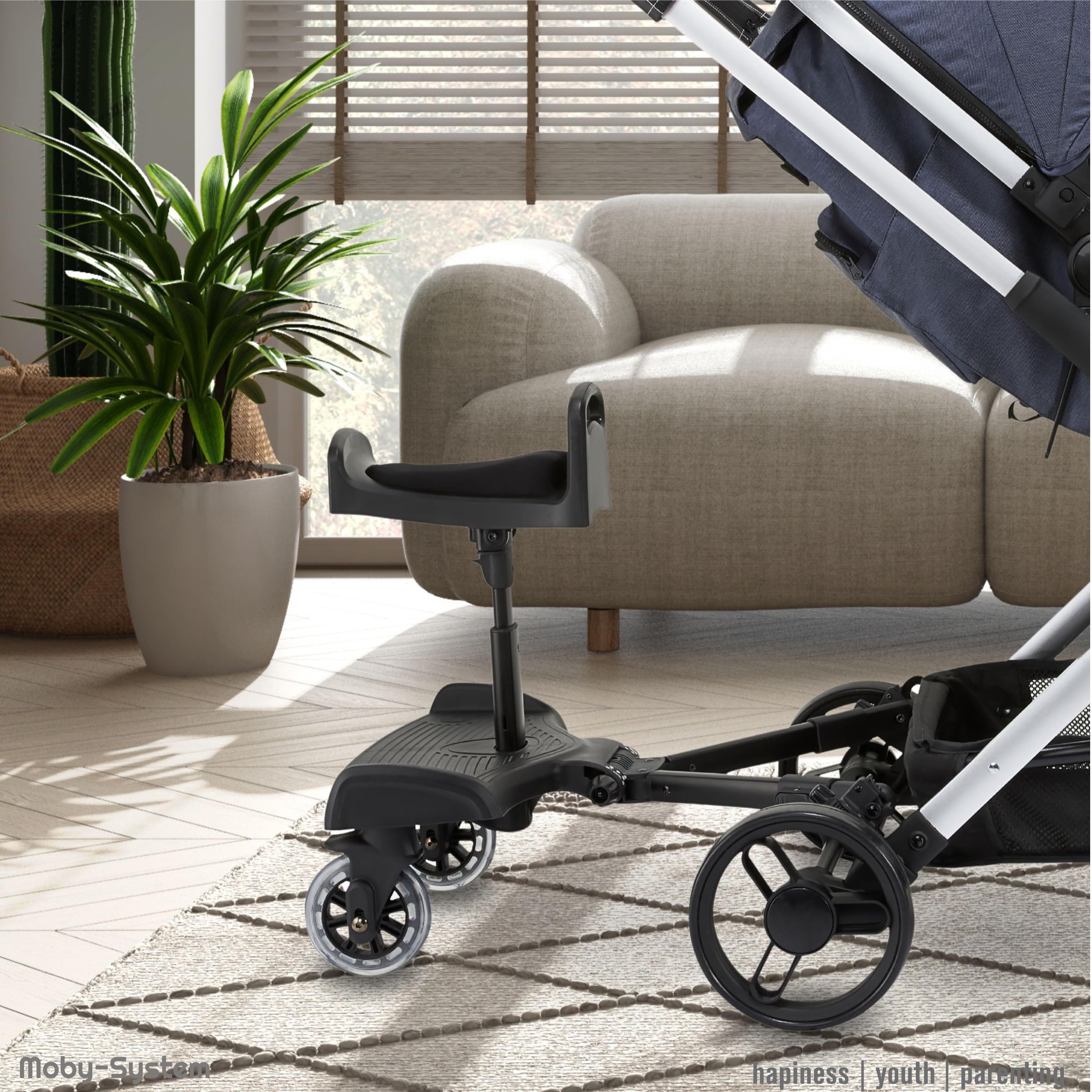 Moby-System BUGGY2GO Proveedor de cochecito con asiento ajustable, montaje universal, ruedas amortiguadas de 360°, para niños de 2 a 5 años, se adapta al 99,9% de los cochecitos, asiento de entrega