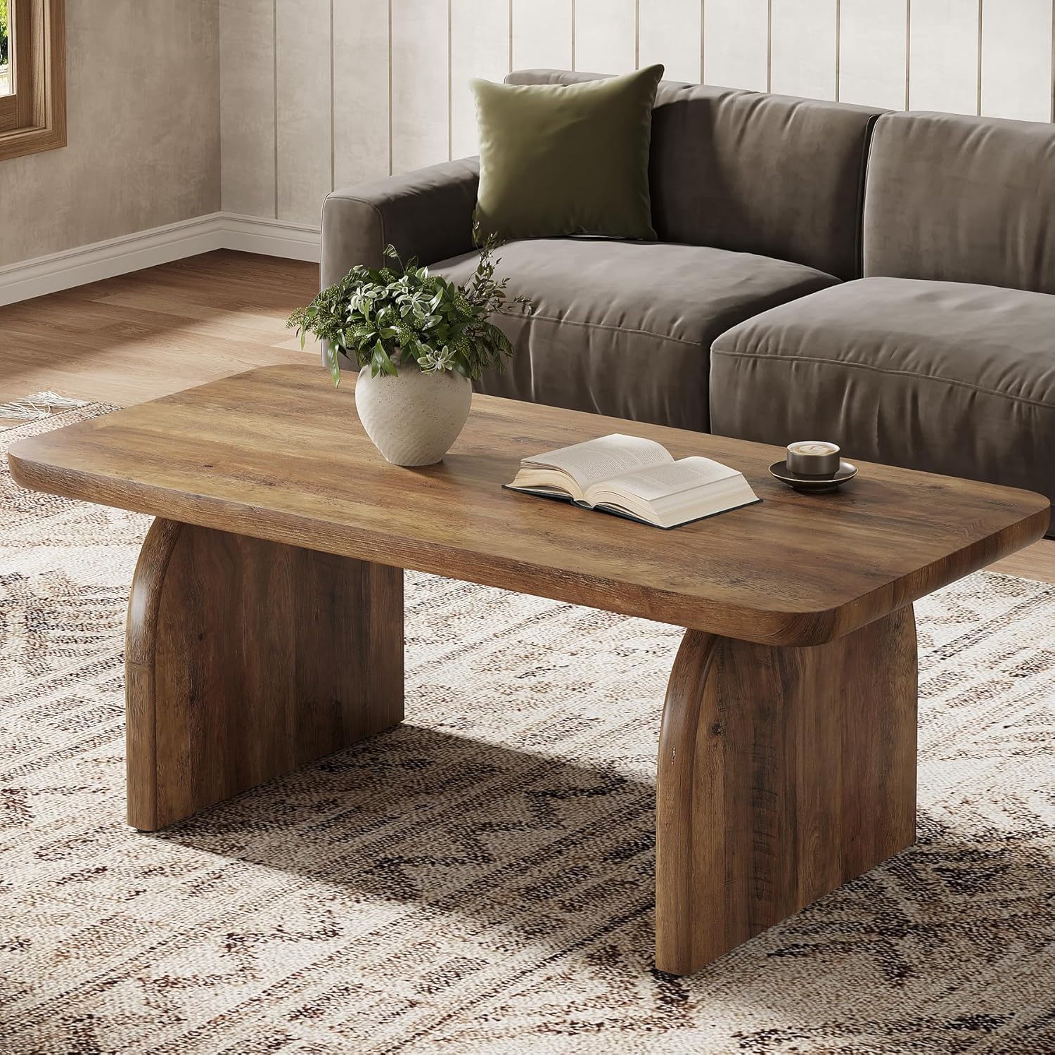 Tribesigns Coffee Table for Living Room, 47-Inch Farmhouse Rectangule Center Table with Rounded Corners, Mid-Century Modern Low Large Cocktail Tea Furniture, Easy Assembly (Rustic Brown)