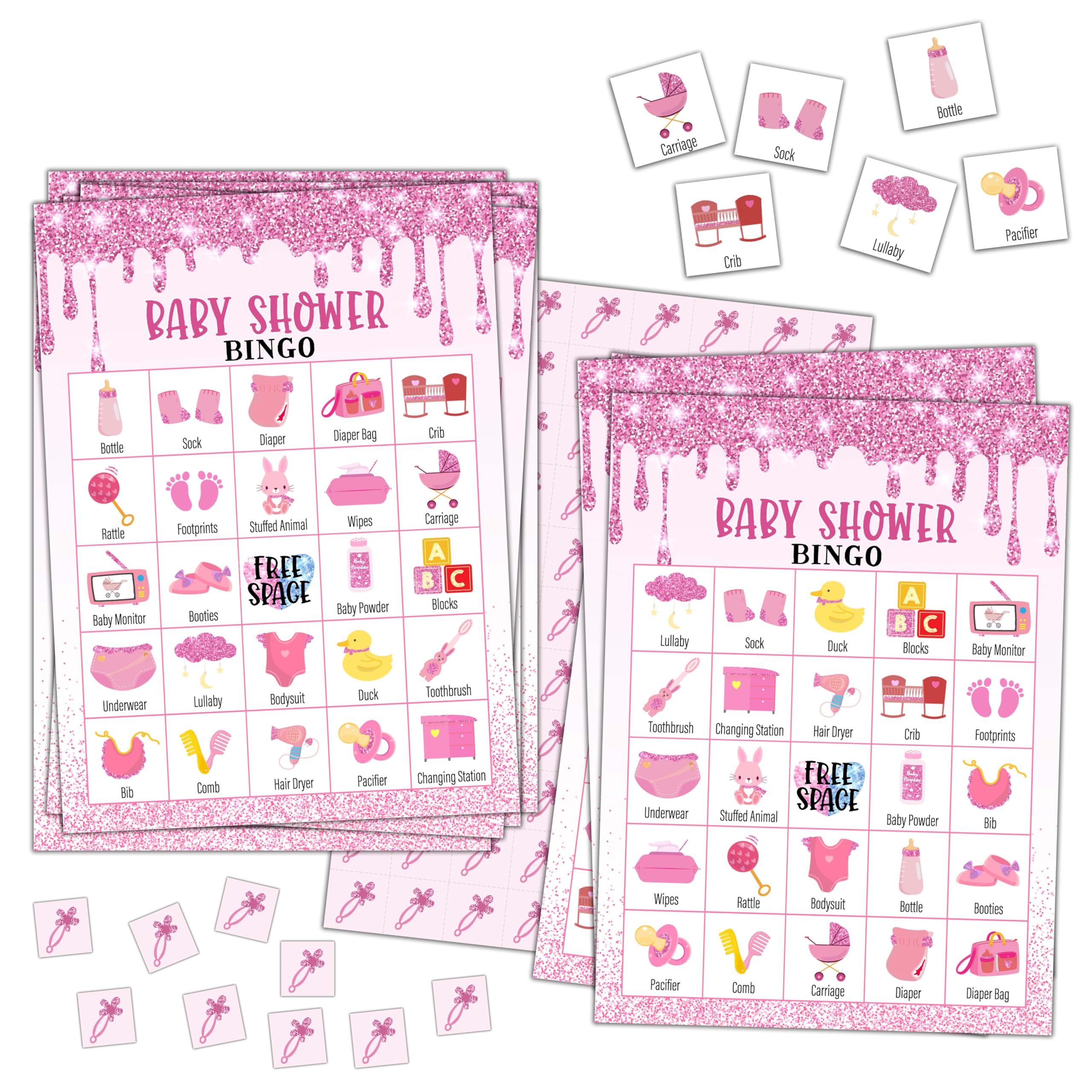 TCHOND Pink Glitter Bingo Game Cards for Adults, Bingo Cards for Family Holidays Friends, Ideal Gifts for Gender Reveal Party Games, 24 Players Birthday Party Supplies Favors, 01