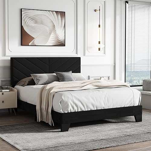 Miniatura 3 de Cama de plataforma tapizada de tamaño matrimonial, base de cama matrimonial con cabecera copetuda, marco resistente y listones de madera,