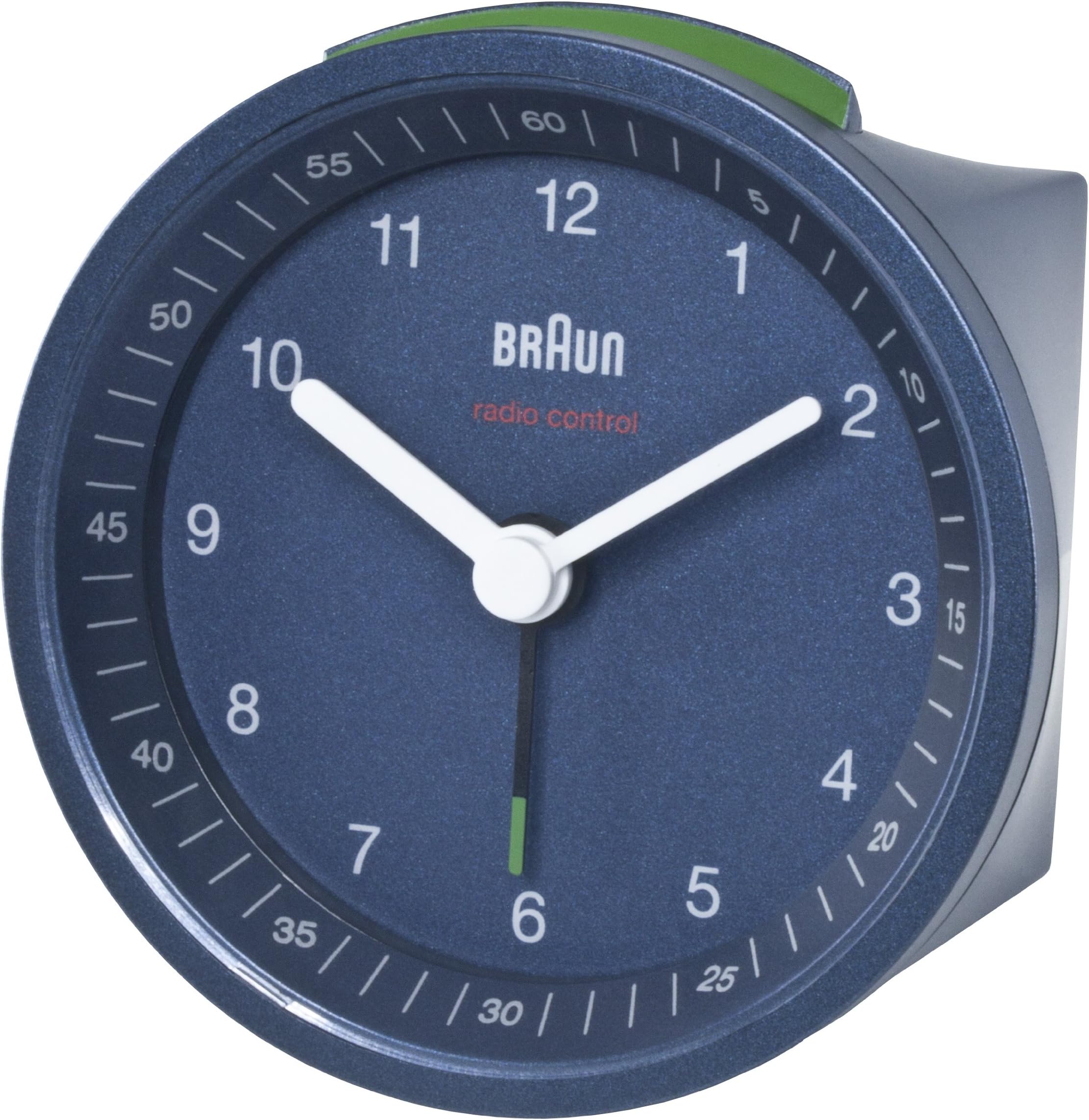 Braun Classic Radio Controlled Analogue Alarm Clock For UK and Irish Time Zone (MSF/GMT) with Snooze and Light, Crescendo Beep Alarm in Blue, model BNC007BLBL-MSF.