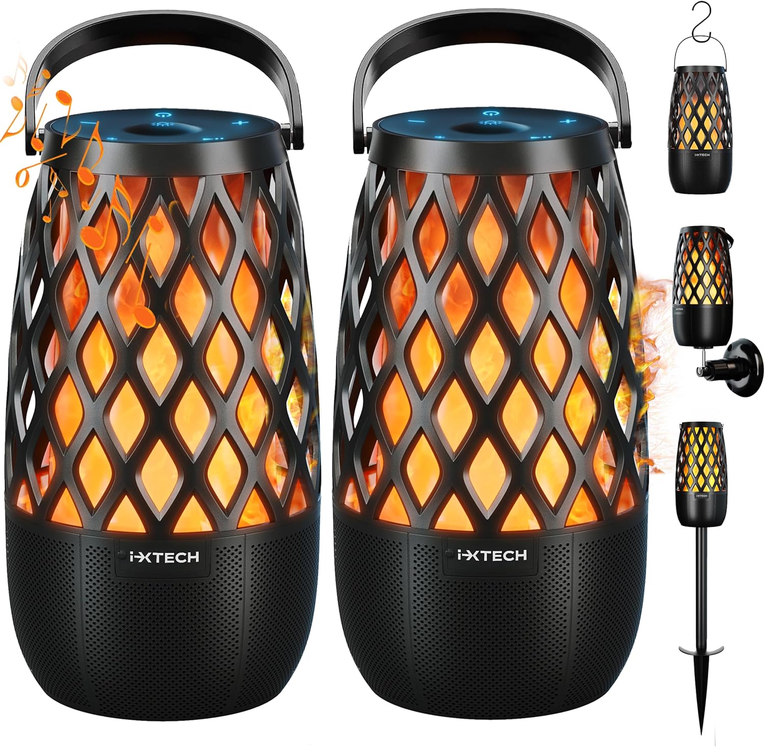 Two IXTECH Outdoor Bluetooth Speakers with flame effect lights, shown with various mounting accessories like a hook, wall mount, and ground stake.