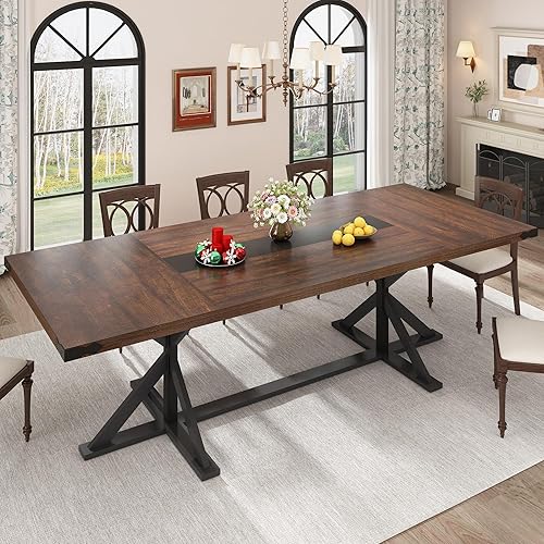 Miniatura 15 de Mesa de comedor de 71 pulgadas para 6 personas, mesa rectangular de cocina de granja con grosor impermeable, mesas de comedor largas con base de