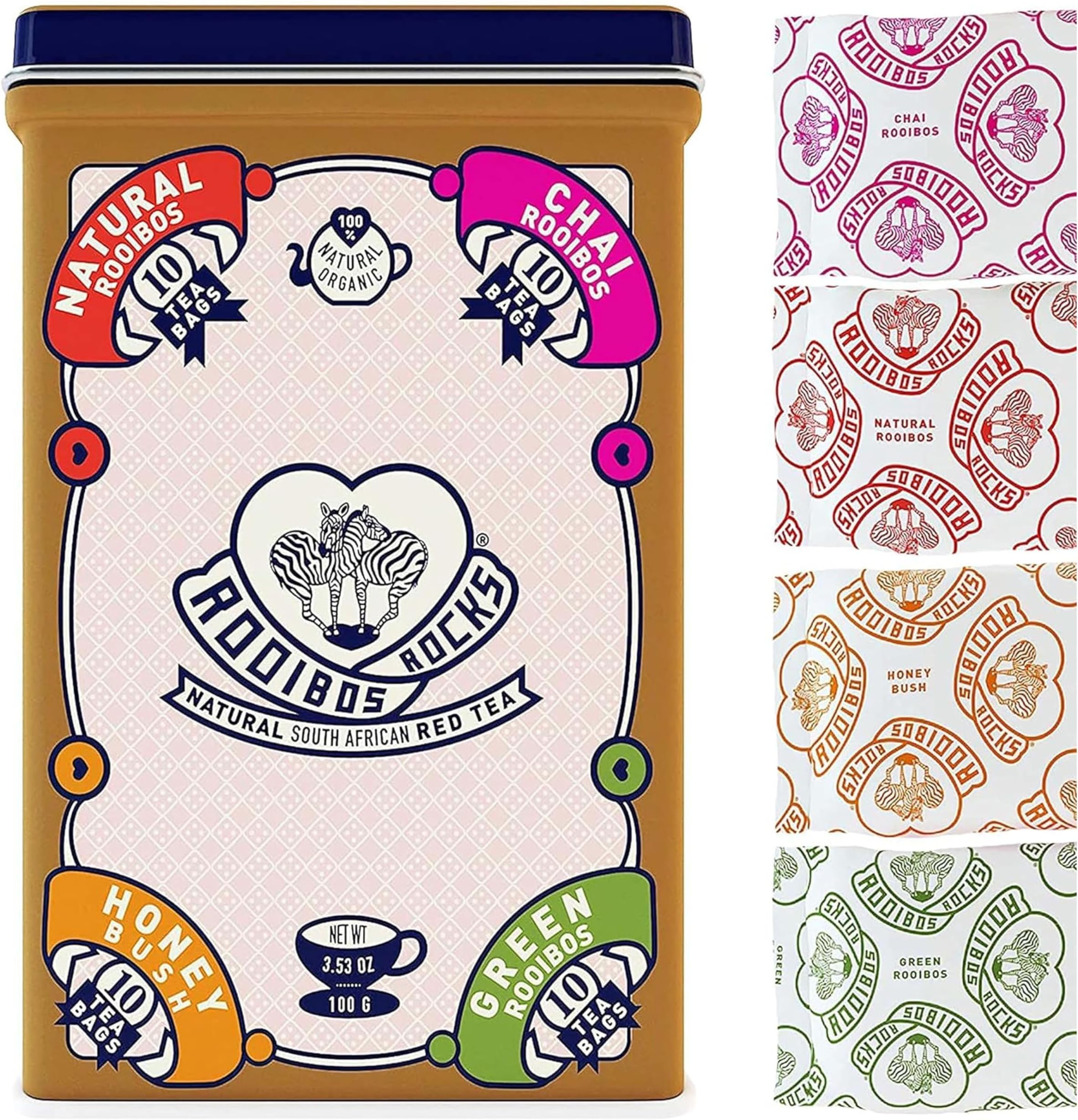 Vintage Rooibos Tea Tin 40 Variety Tea Bags Gift Set - 10 Tea Bags Each of our 4 Tea Varieties in a Nice, Ready-to-Gift Tin Can - Green & Red Rooibos Tea, Honeybush Tea & Chai Sampler Set